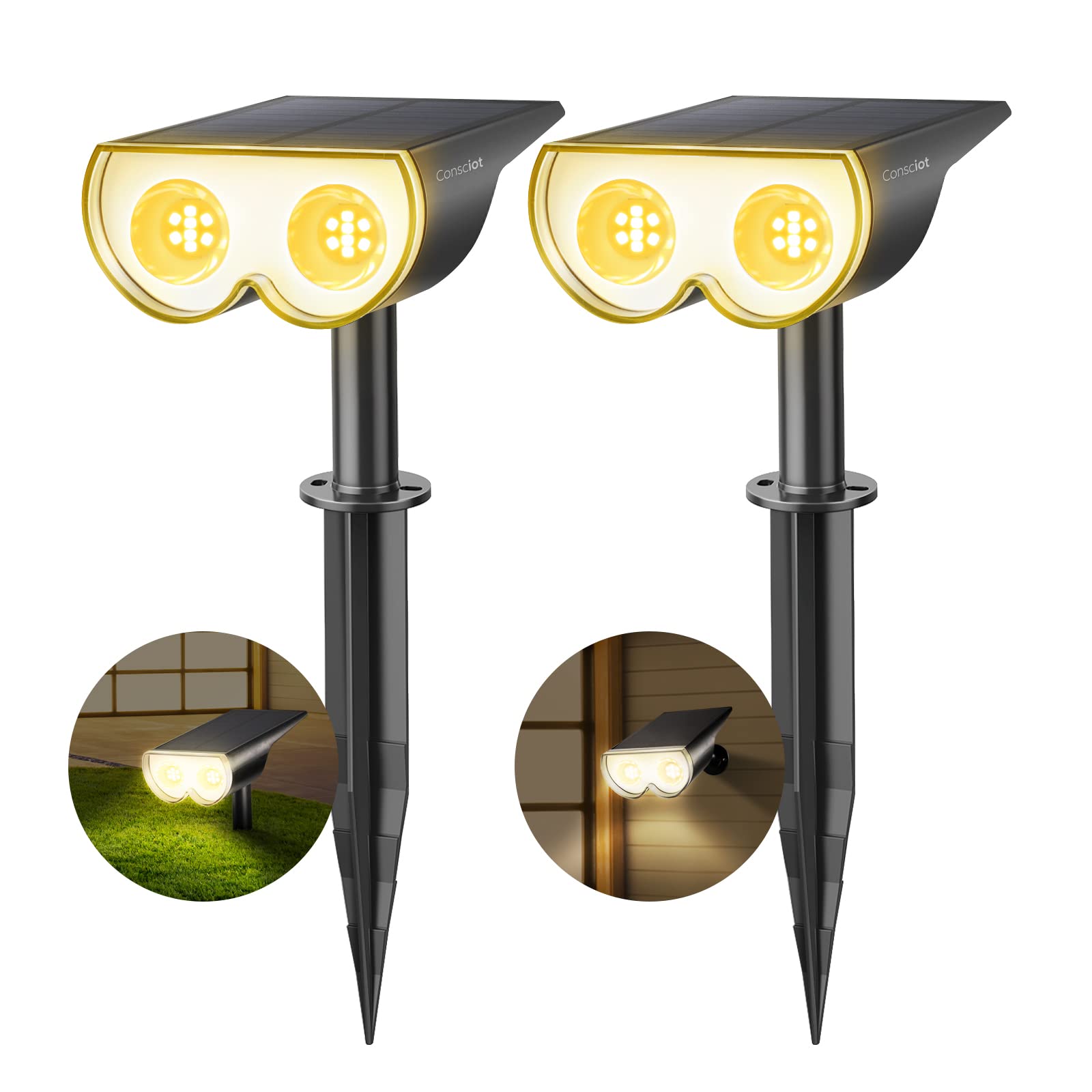Consciot Solar Spot Lights Outdoor, IP67 Waterproof, 16 LEDs, 2 Pack, Warm White 3000K, Adjustable Wall Lights, Model OC-GL-034B