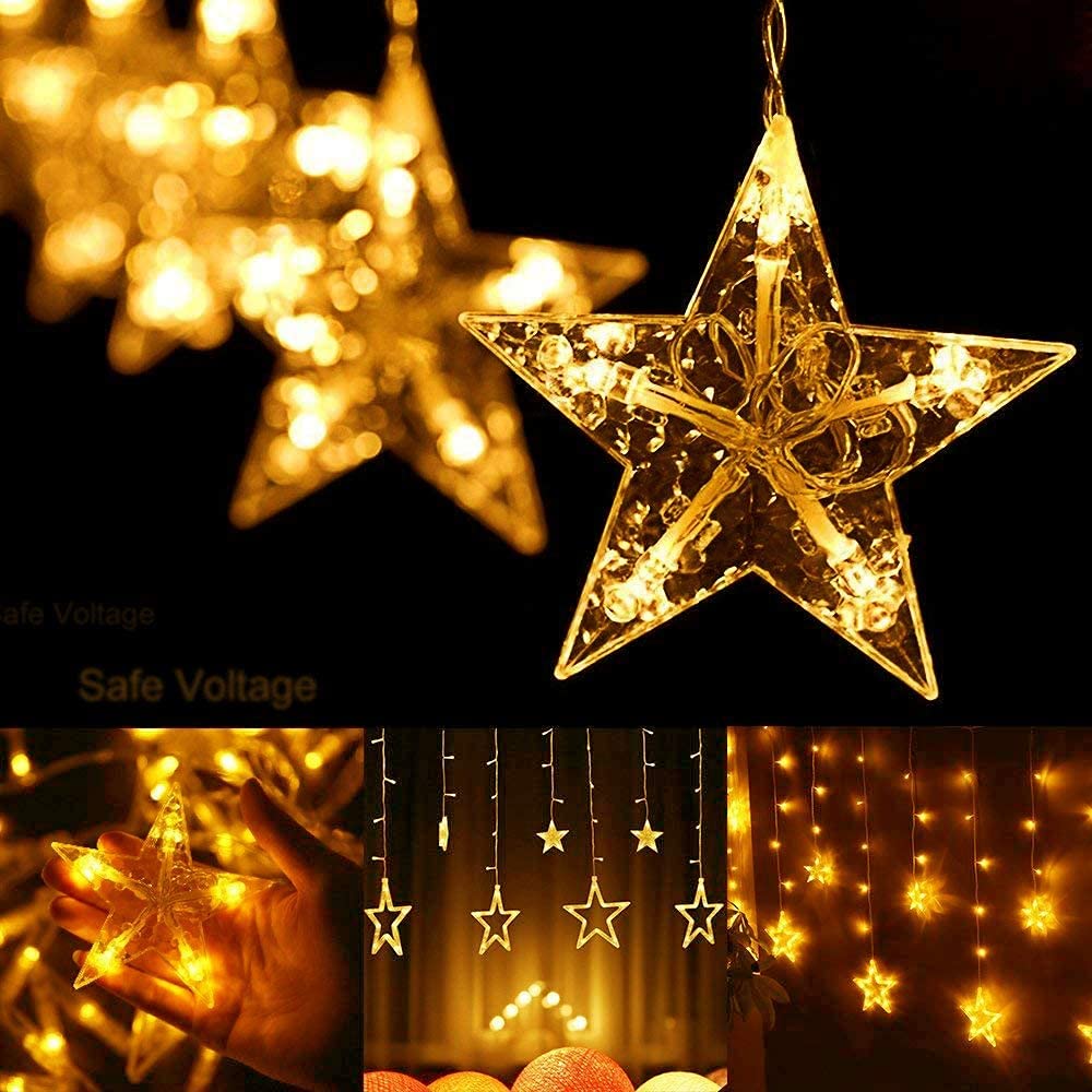 Quntis Remote 12 Star Christmas Curtain Lights, 11 Modes 138 Led Connectable Window Christmas Decoration Lights Hanging Backdrop Dimmable For Indoor Bedroom Wedding Party Wall, Multicolor & Warm White