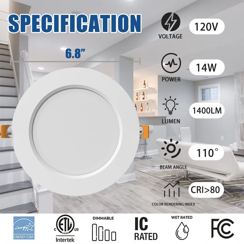 Oukeeto 6 Inch Led Recessed Light, 3000K/ 4000K/ 5000K 3 Color Selectable, 14W=100W 1400Lm Ultra-Thin Dimmable Downlight Led Ceiling Light With Junction Box - Etl And Energy Star Certified(12 Pack)