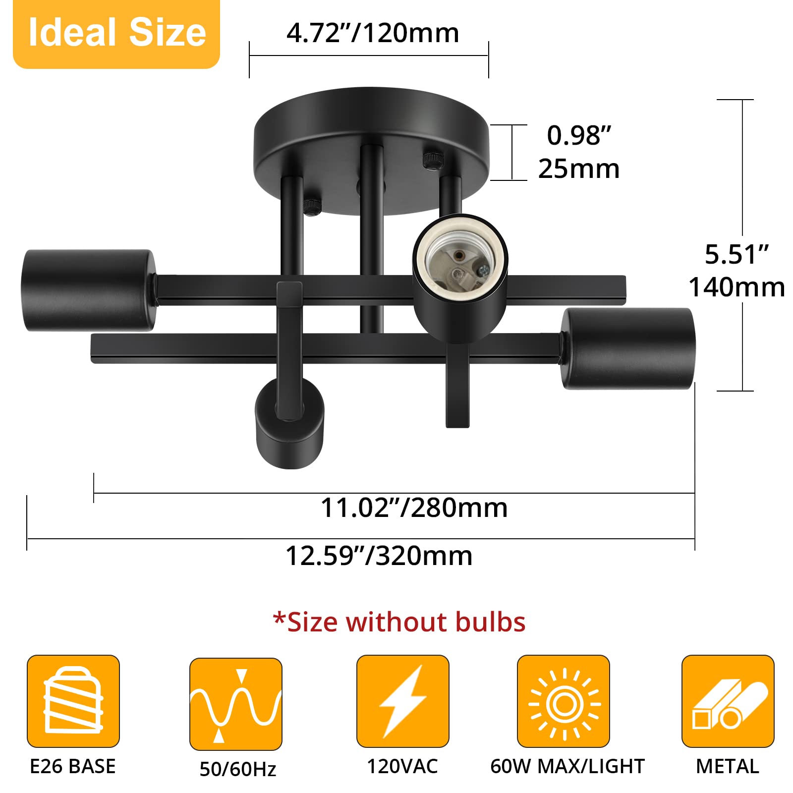 Sunrider Industrial 4-Light Semi Flush Mount Ceiling Light Fixture, Modern Farmhouse Lights Matte Black, Rustic Sputnik Chandeli