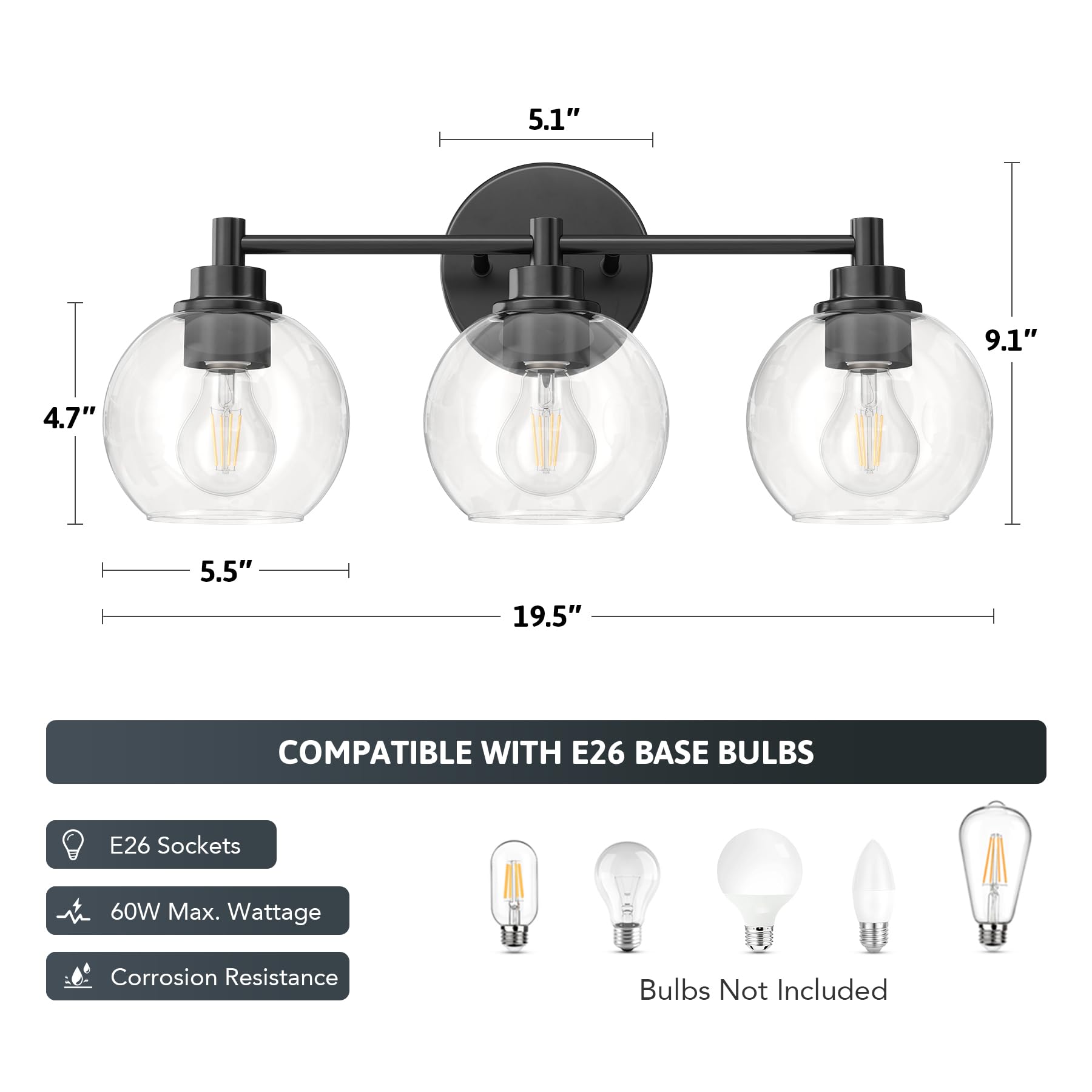 Vonluce Bathroom Light Fixtures, 3-Light Bathroom Vanity Light With Globe Glass Shades E26 Sockets, Bathroom Lights Over Mirror