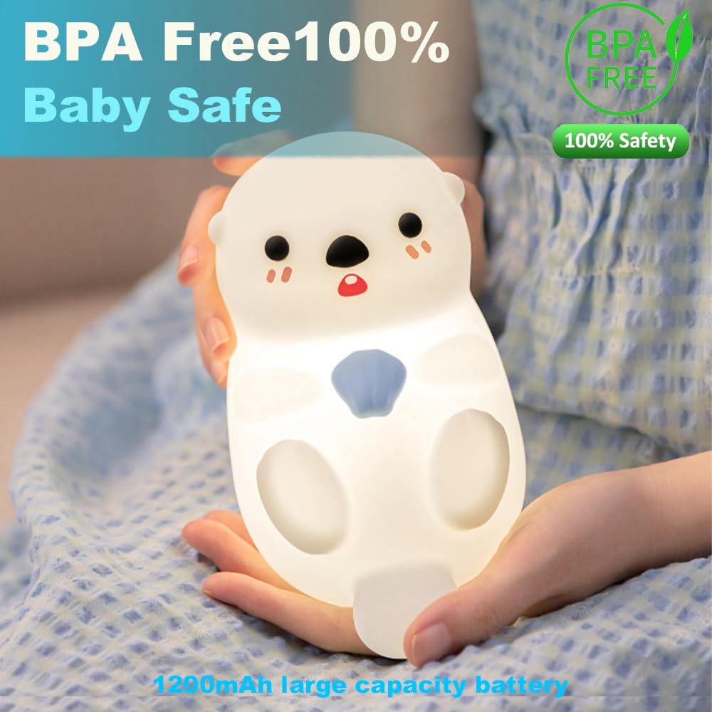 KangTen CHEN Cute Otter Night Light - Silicone USB Rechargeable Lamp for Kids, Touch Control, White, Model DS-AX-011