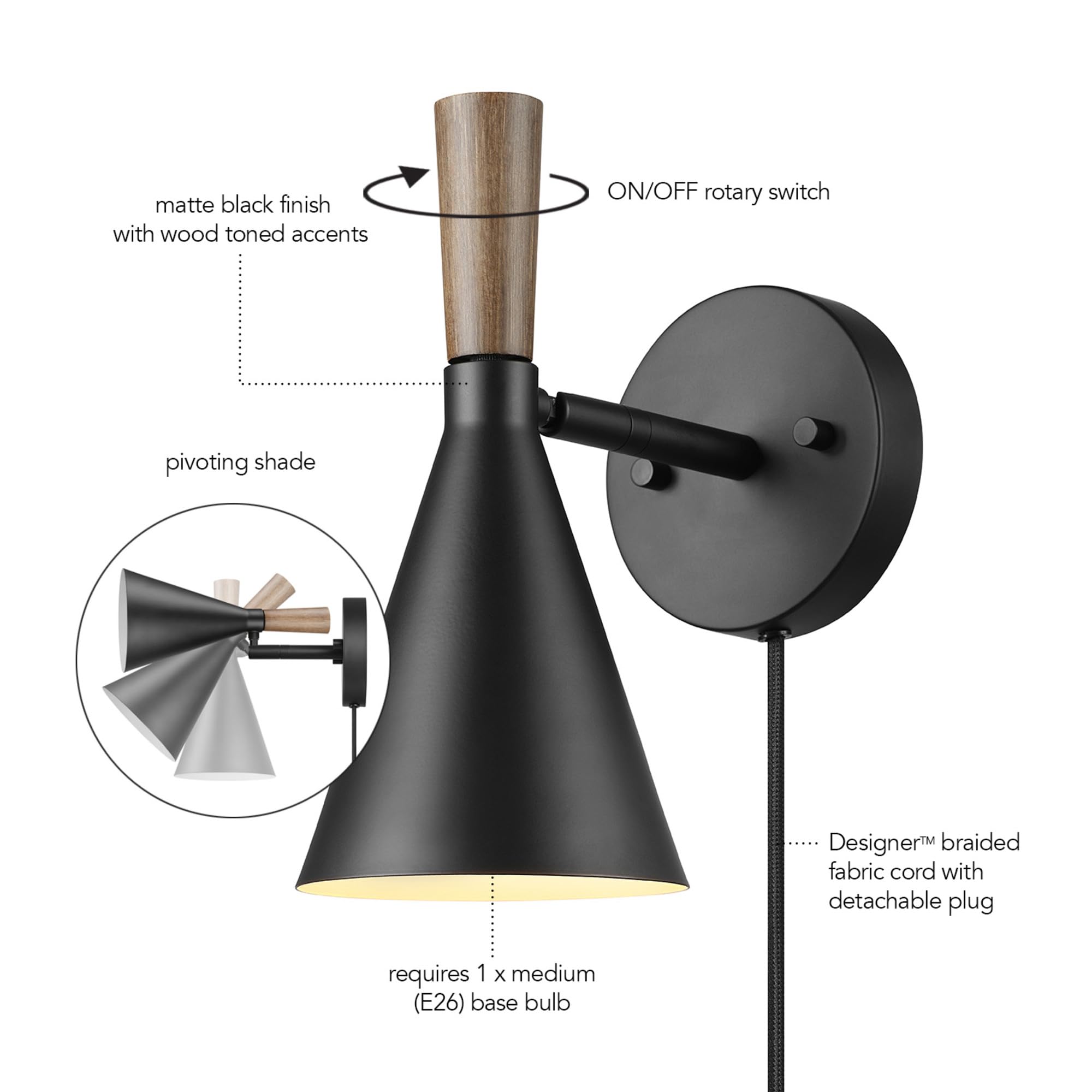 Globe Electric 65000101 1-Light Plug-In Or Hardwire Wall Sconce, Matte Black, Wood-Toned Stepless Rotary Dimmer Switch On Pivoti