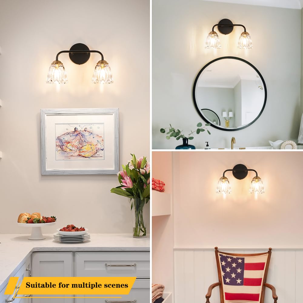 Antique 2 Light Bathroom Light Fixtures, Black And Gold Vanity Lights For Bathroom, Vanity Light Fixture With Clear Glass, Vintage Bathroom Lights Over Mirror, Wall Sconce For Bedroom, Living Room