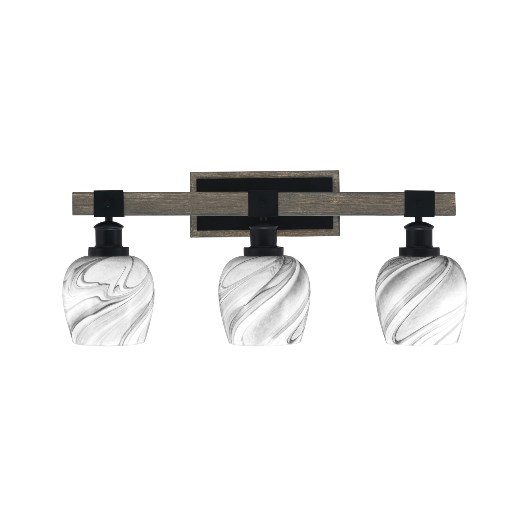 Toltec Lighting Tacoma 3 Light Bath Bar, Matte Black & Distressed Wood-Look Metal, 6in Onyx Swirl Glass