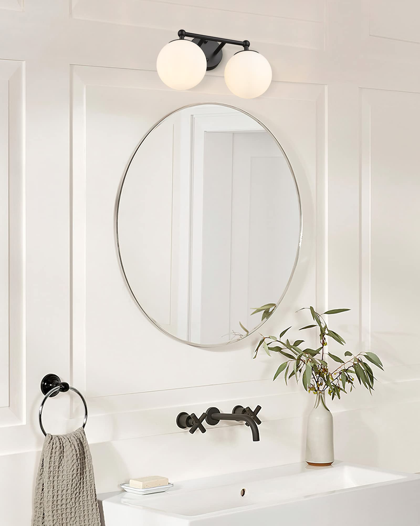 Akezon Black Vanity Light, 2 Light Black Modern Bathroom Light Fixtures Over Mirror With White Milk White Globe Glass Shade For Bathroom