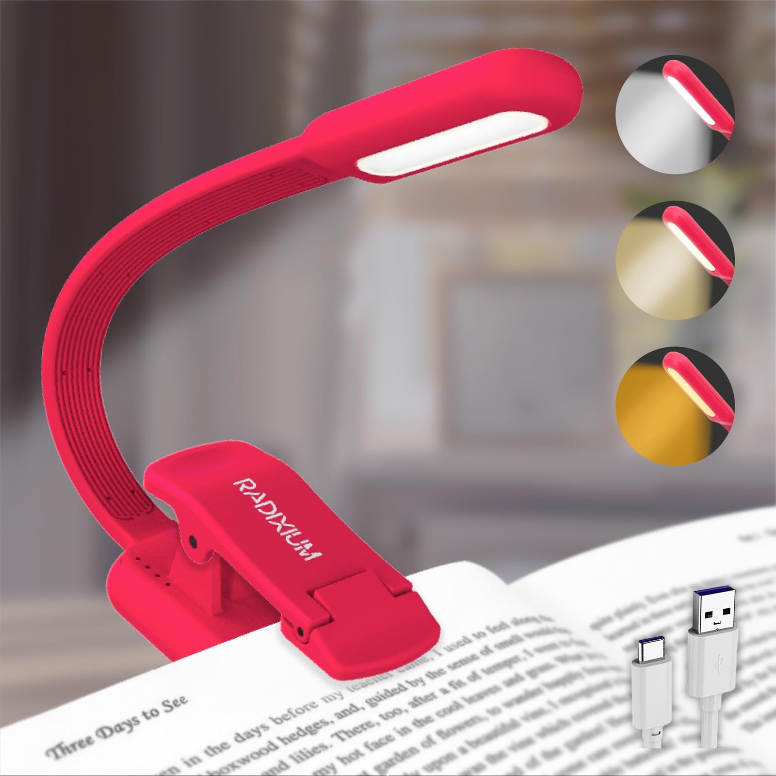 RADIXIUM Rechargeable Book Reading Light, 9 LED, 9 Color Temperatures, Stepless Dimming, Clip-On, Pink, Model AI4800BM
