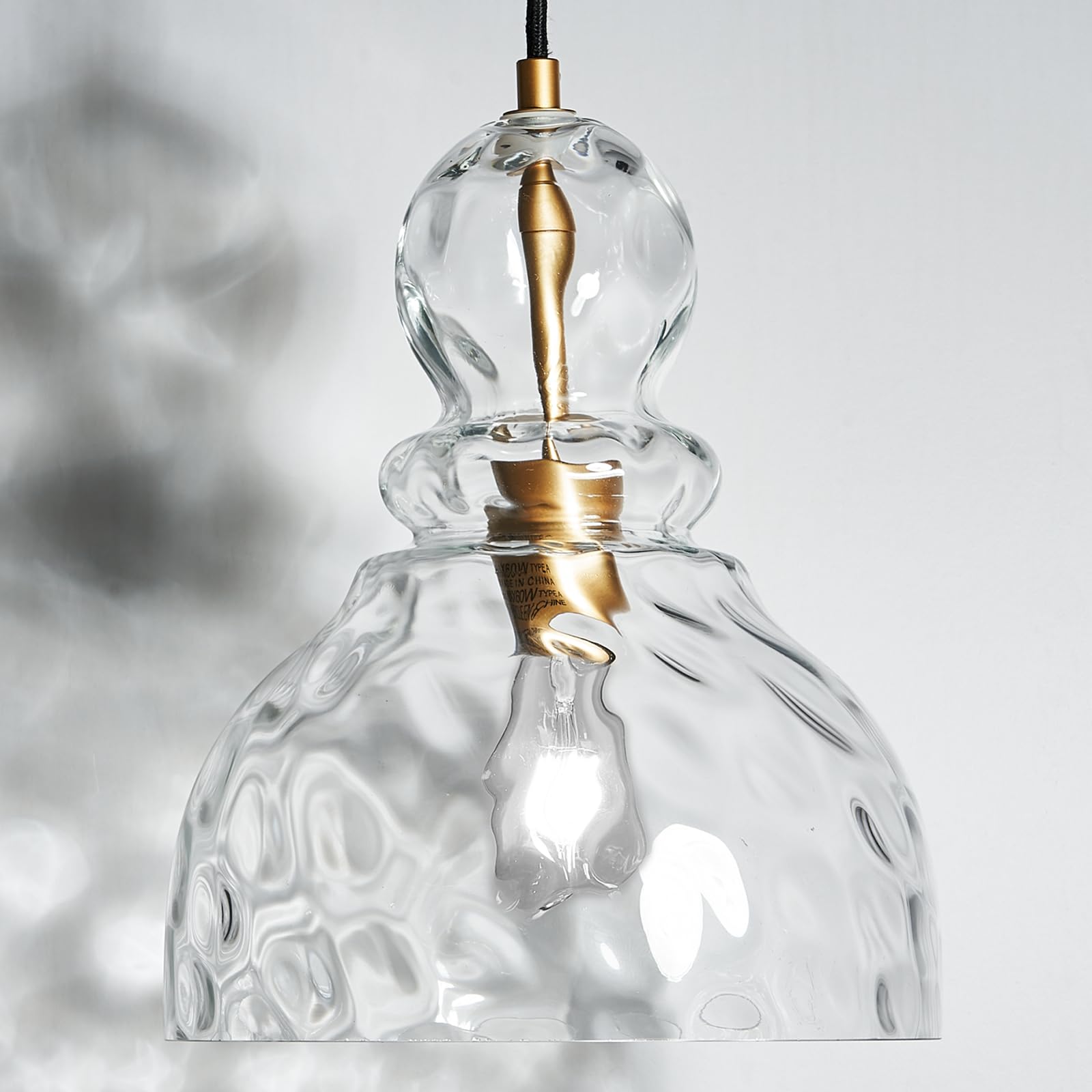 FookChak 10in Gold Hammered Glass Pendant Light, E26 Ceiling Fixture for Kitchen Island, Sink, Bedroom, Hallway, Model 08G