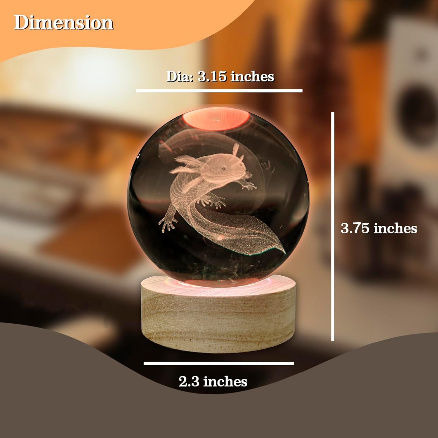 Culdetha Axolotl Lamp,3D K9 Axolotl Crystal Ball Lamp,3.15 Inch Glass Ball Axolotl Light,Gamepad Axolotl Lamp With Wooden Base,B