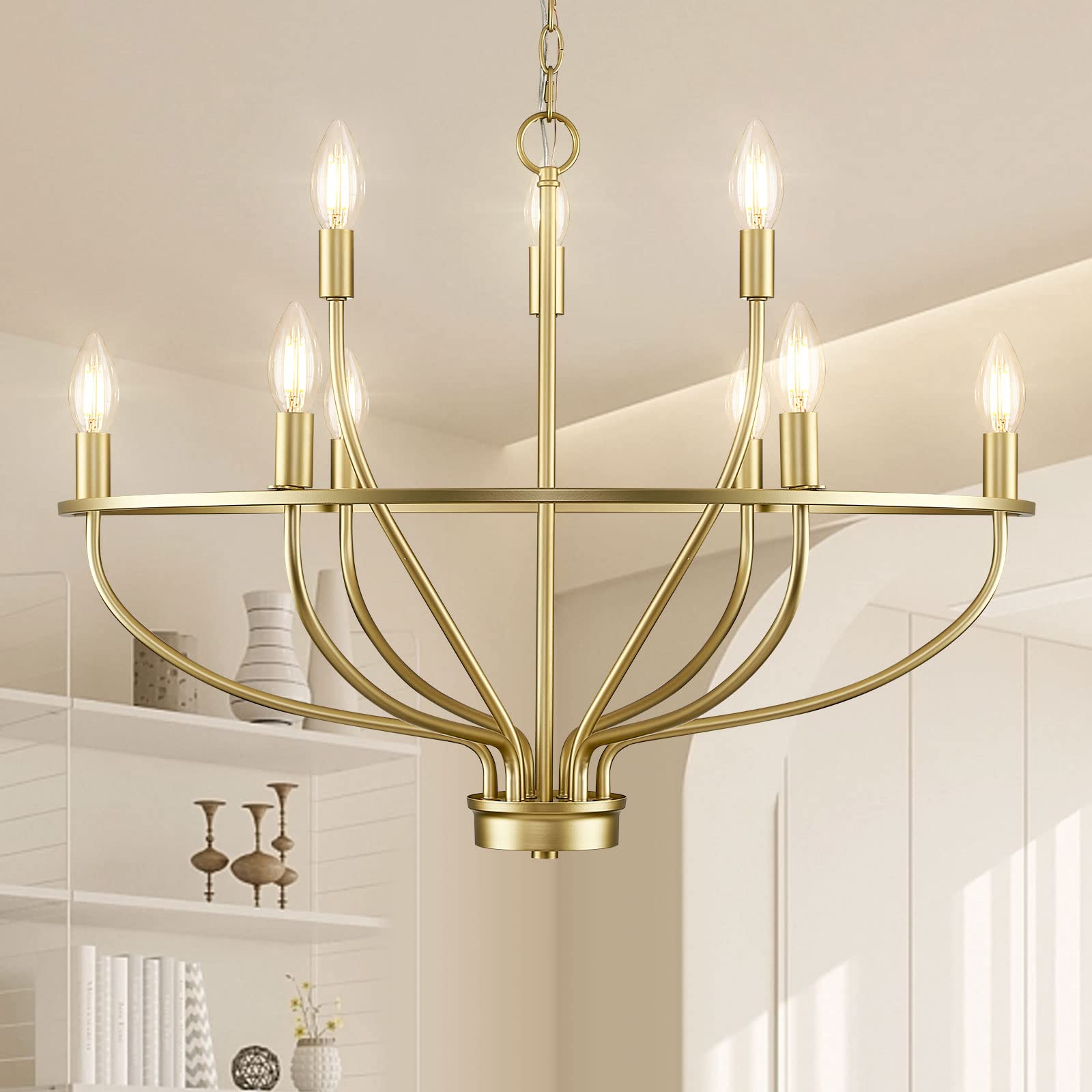 Fookchak 9-Light Gold Light Fixture Vintage Candle Chandelier Lighting Brass Dining Room Chandelier Over Table For Living Room Foyer Kitchen Island Bedroom, 28.54In, E12