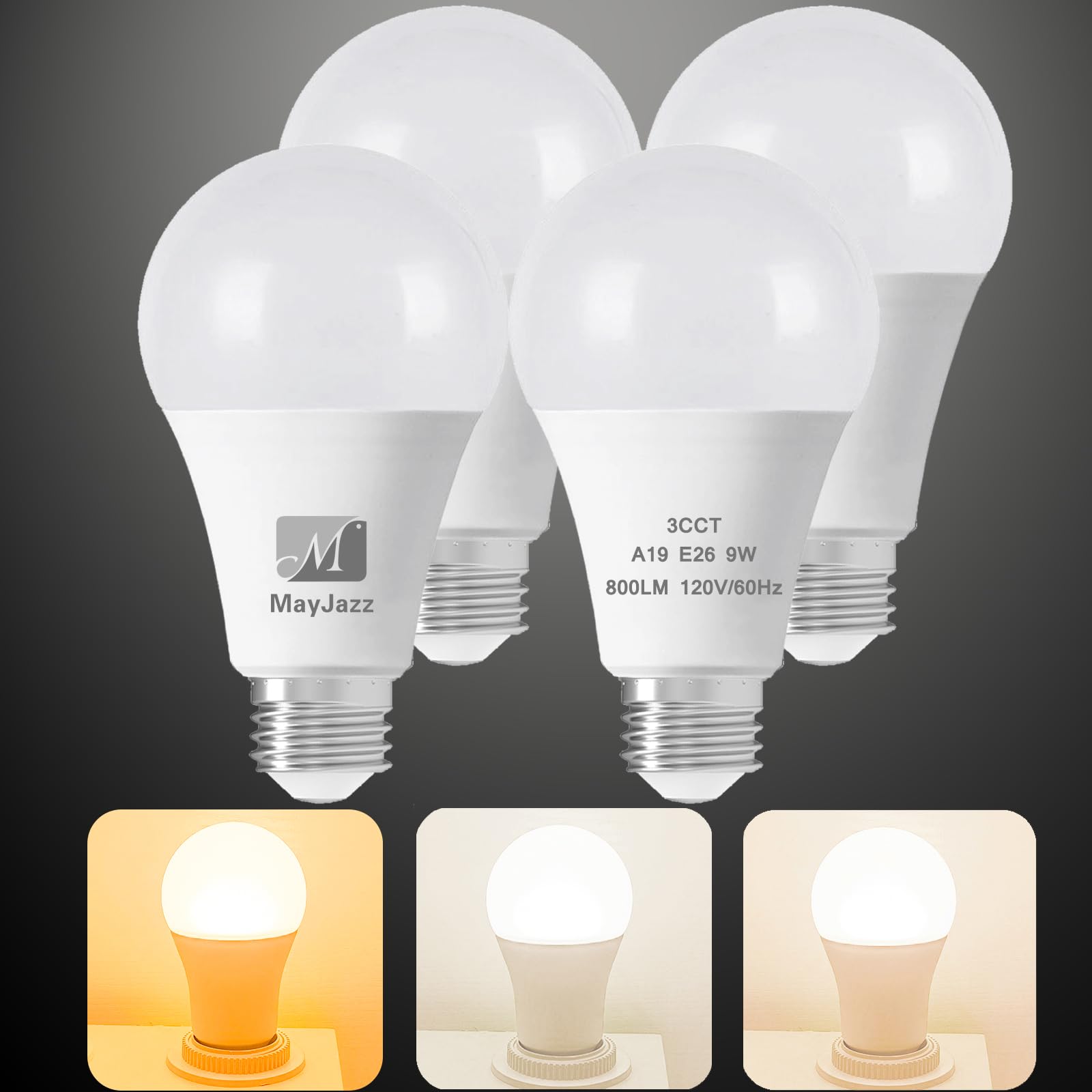 M MayJazz LED Light Bulb A19 3CCT Color Changing 9W 810LM, 4 Pack, Energy Saving