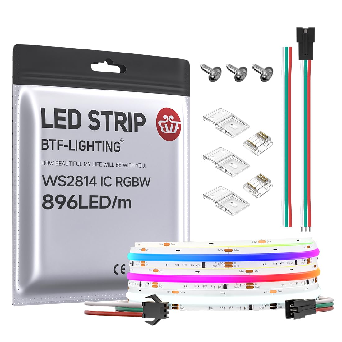 Btf-Lighting Fcob Cob Led Strip Ws2814 Ic Rgbw 6000K Flexible High Density Color Chasing Uniform Light 9.8Ft Dc24V 896Led/M 16Ic/M 12Mm Width For Home Diy Lighting Projects(No Adapter Or Controller)