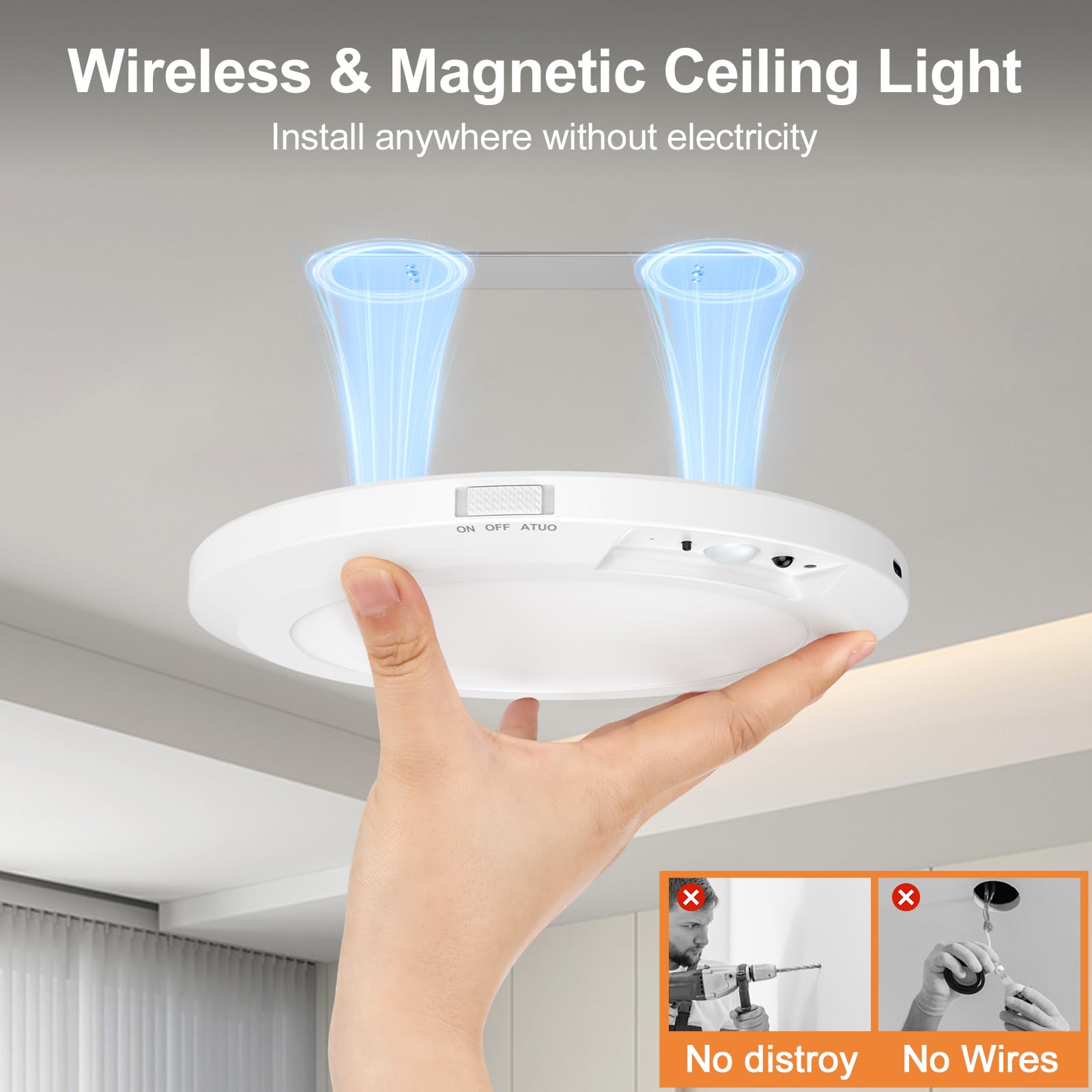 Yunaking Rechargeable Ceiling Light with Motion Sensor: Battery Operated LED Closet Light with Remote & Timing - Wireless Dimmab