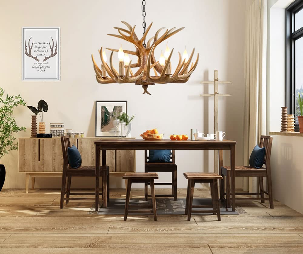 Hubrin Antler Chandelier 6 Light Rustic Style Resin Light Fixture, Brown with White, 6 Lamp Arms + 3 Arms