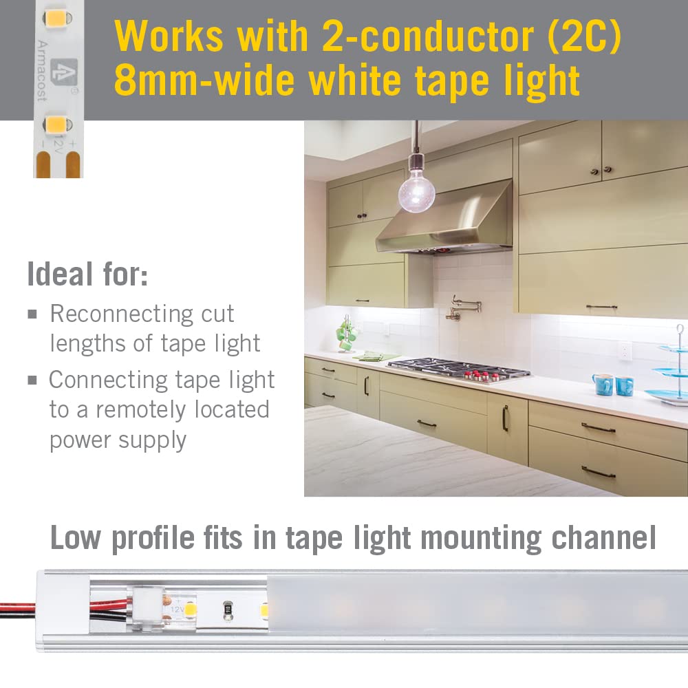 Armacost Lighting SureLock Pro LED Tape to Wire Connector, Model 560823, White, Metal Construction