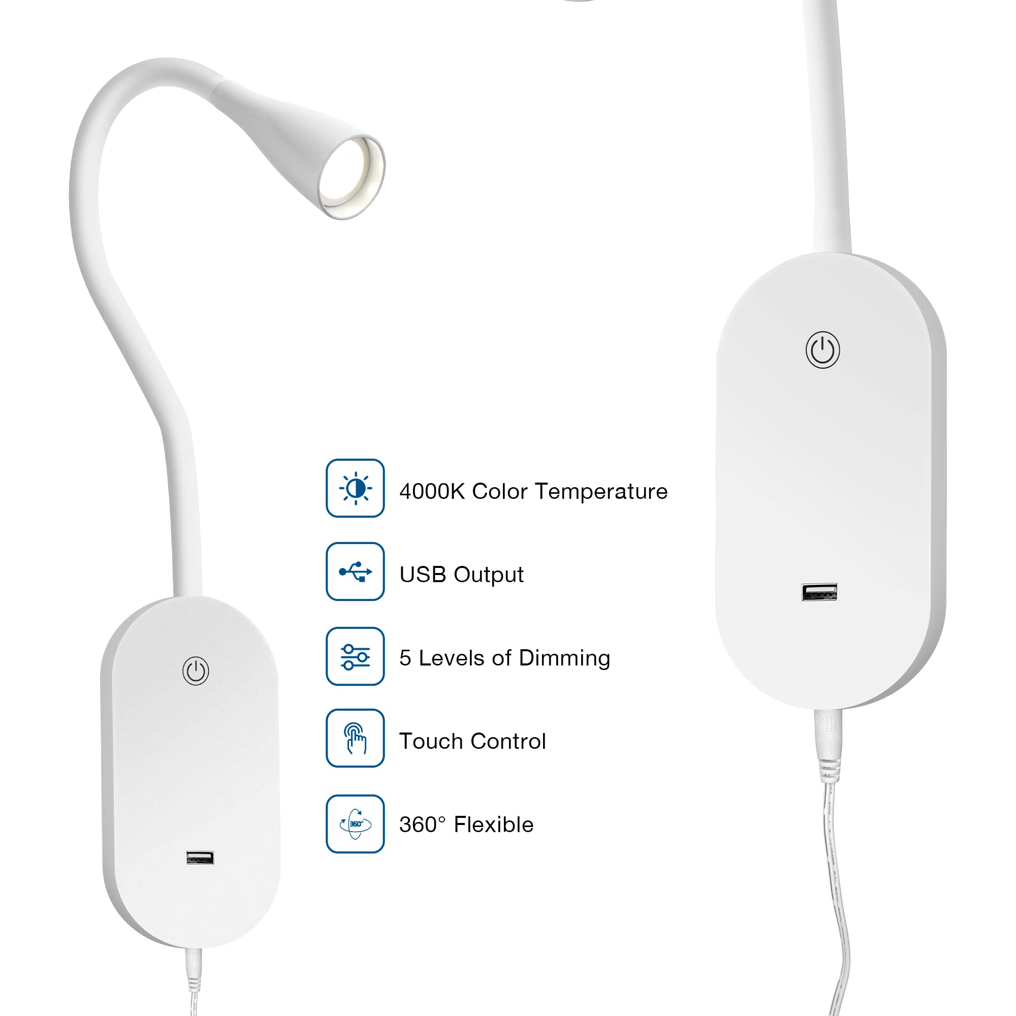 TOPMB Wall Mount Reading Light, USB Output, 5 Dimming Levels, White, Model WD6103, Flexible Gooseneck, Auto Off, Easy Install