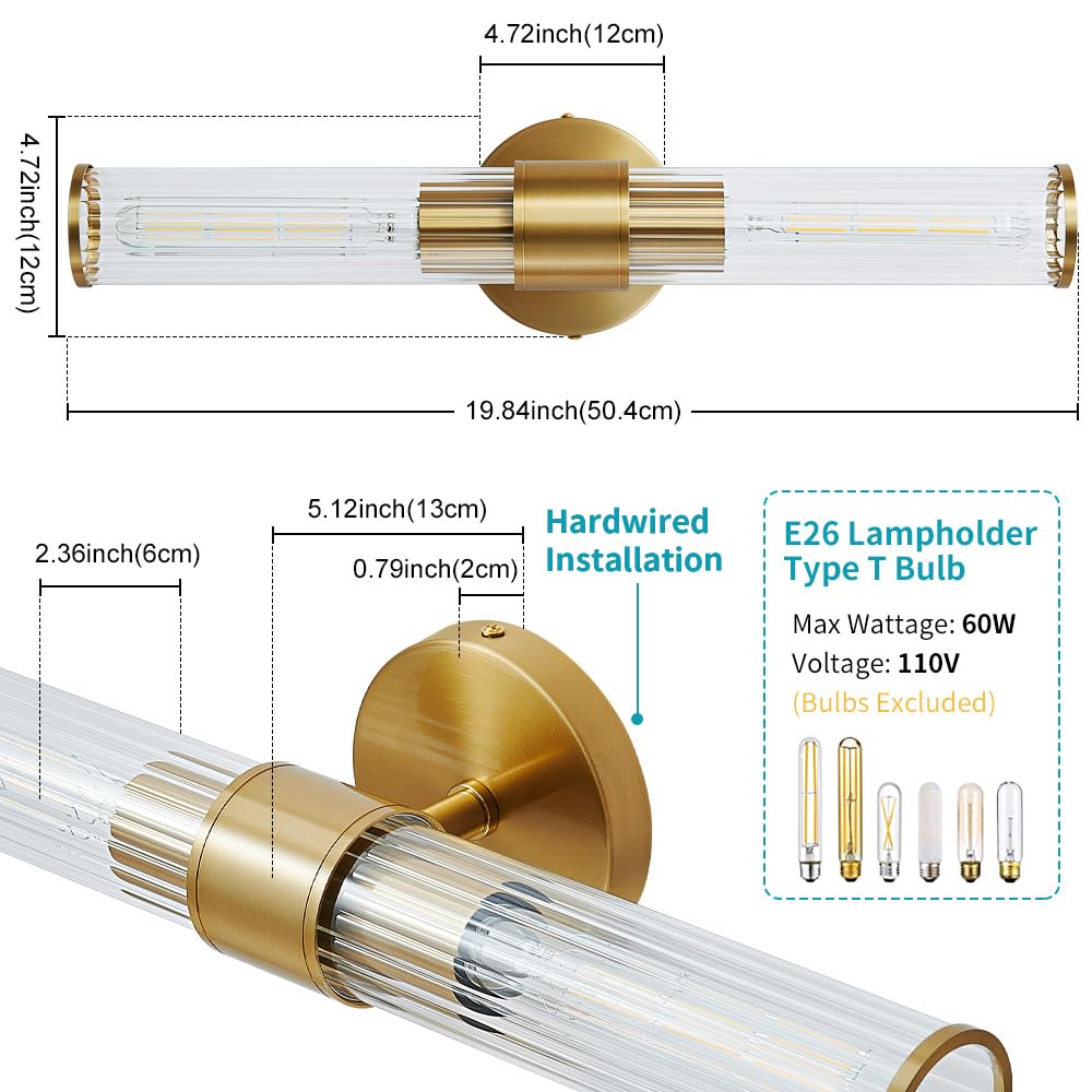 Vaziden Gold 2 Light Bathroom Vanity Lights, 20 Inch Threaded Glass Shade, Metal Wall Sconces for Mirror, 2 Pack, Model 3393-2P