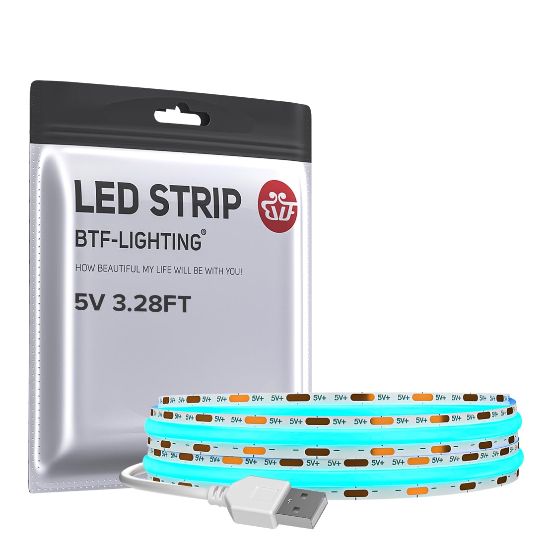 Btf-Lighting Fcob Usb Powered Ice Blue Cob Led Strip Lights 3.28Ft 320Leds 5V 8Mm Width 90+ High Cri Ultra Bright Flexible Light For 3D Printer Tv Backlight Display Cabinet Pc Diy Decor