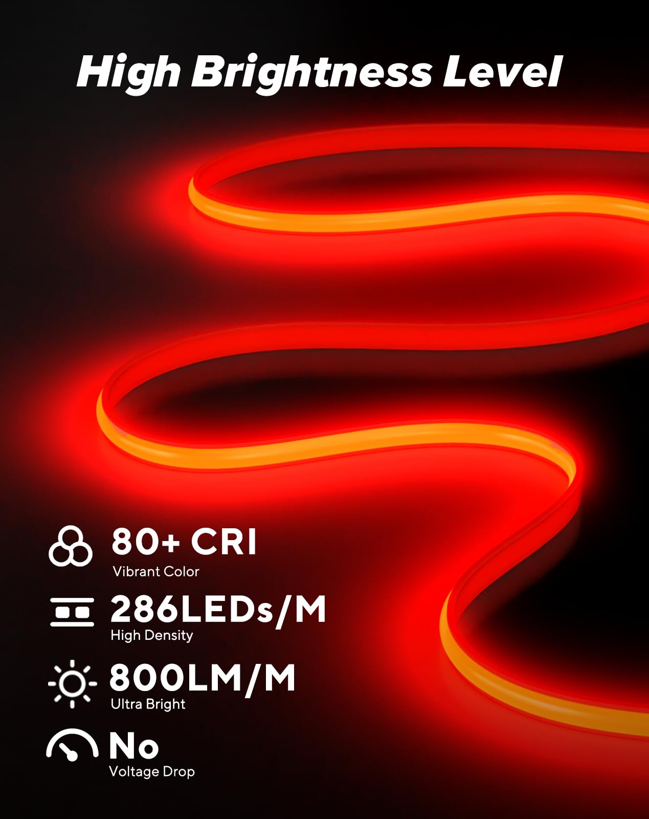 Shine Decor Cob Led Rope Light Ac 120V  800Lm Ultra Bright  Ip65 Waterproof Cold-Resistant Etl Neon Strip  No Driver Tape Lighting For Home Commercial 10X4.5Mm  Red  50Ft