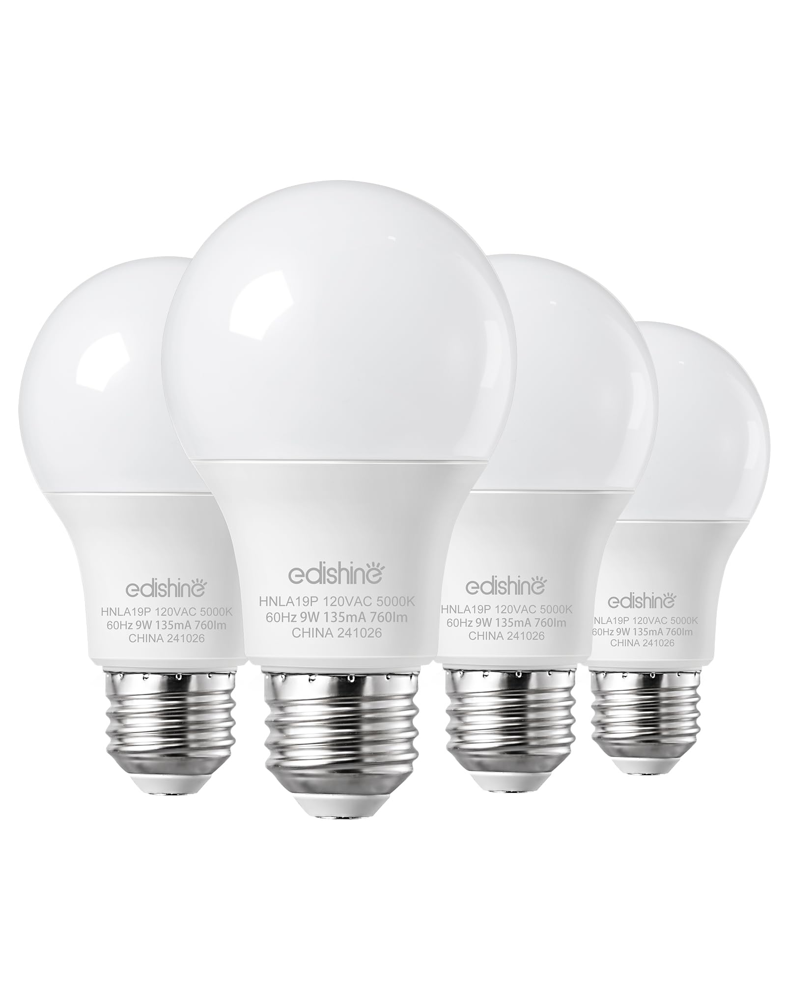 Edishine 4-Pack A19 Led Light Bulb, 760Lm, 5000K Daylight Led Light Bulbs, 9 Watt(60 Watt Equivalent), E26 Medium Screw Base, No