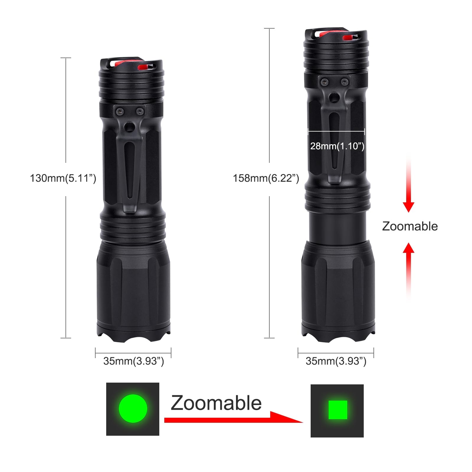 LUMENSHOOTER Zoomable Red Flashlight - 4-in-1 RGBW LED, Aluminum, Multicolor for Night Vision, Fishing, Astronomy