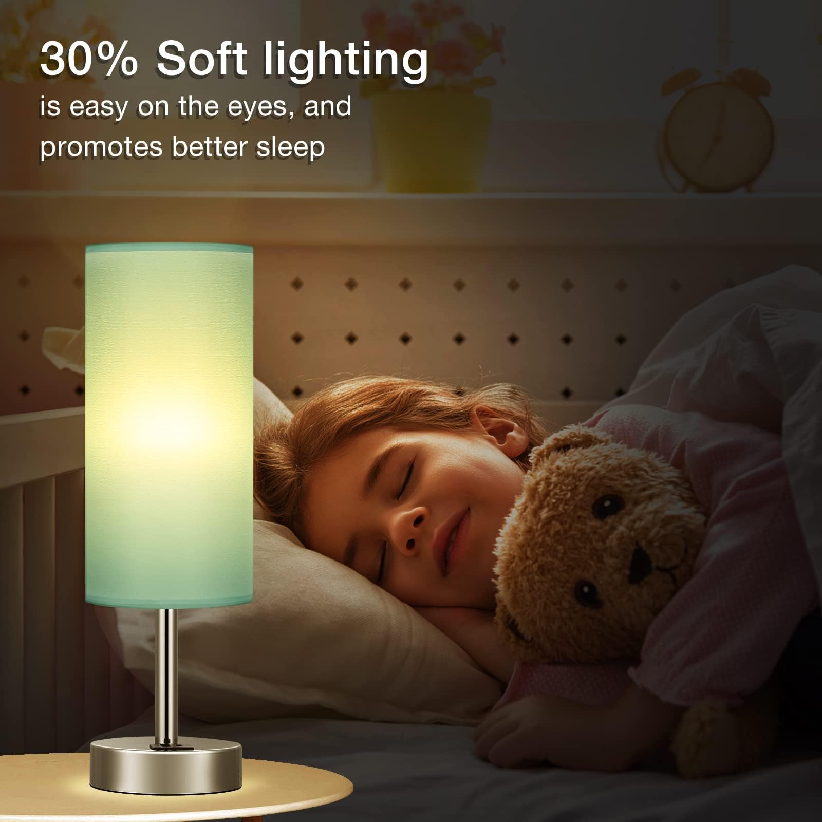 Dicoool Teal Touch Bedside Lamp - 14in Small Coastal Table Lamp with USB-C, USB-A, 3-Way Dimmable, Silver Base