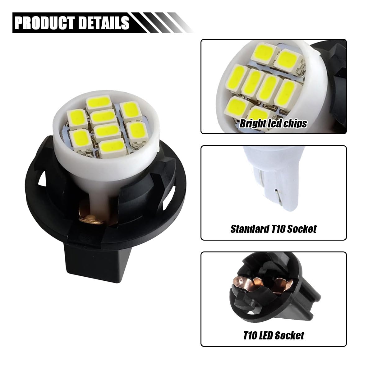 JOYCOURT Dash Instrument Light Bulbs, 10PCS T10 194 168, Bright White LED, Twist Lock Socket, Replacement for Car Interior Lights