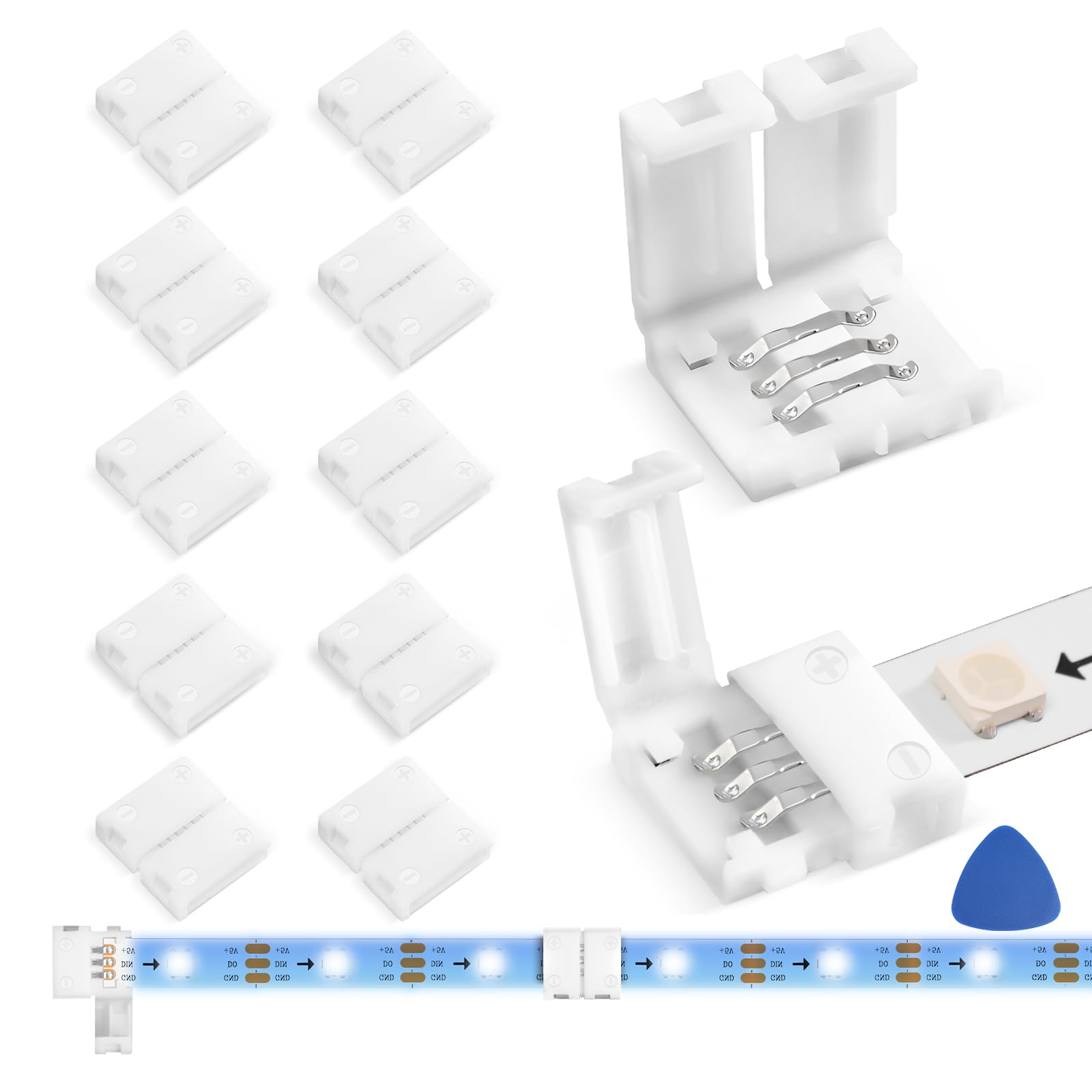 WENHSIN 10-Packs 3-Pin LED Connectors for LED Strip Lights 8mm Width Unwired Gapless Solderless Adapter Extension