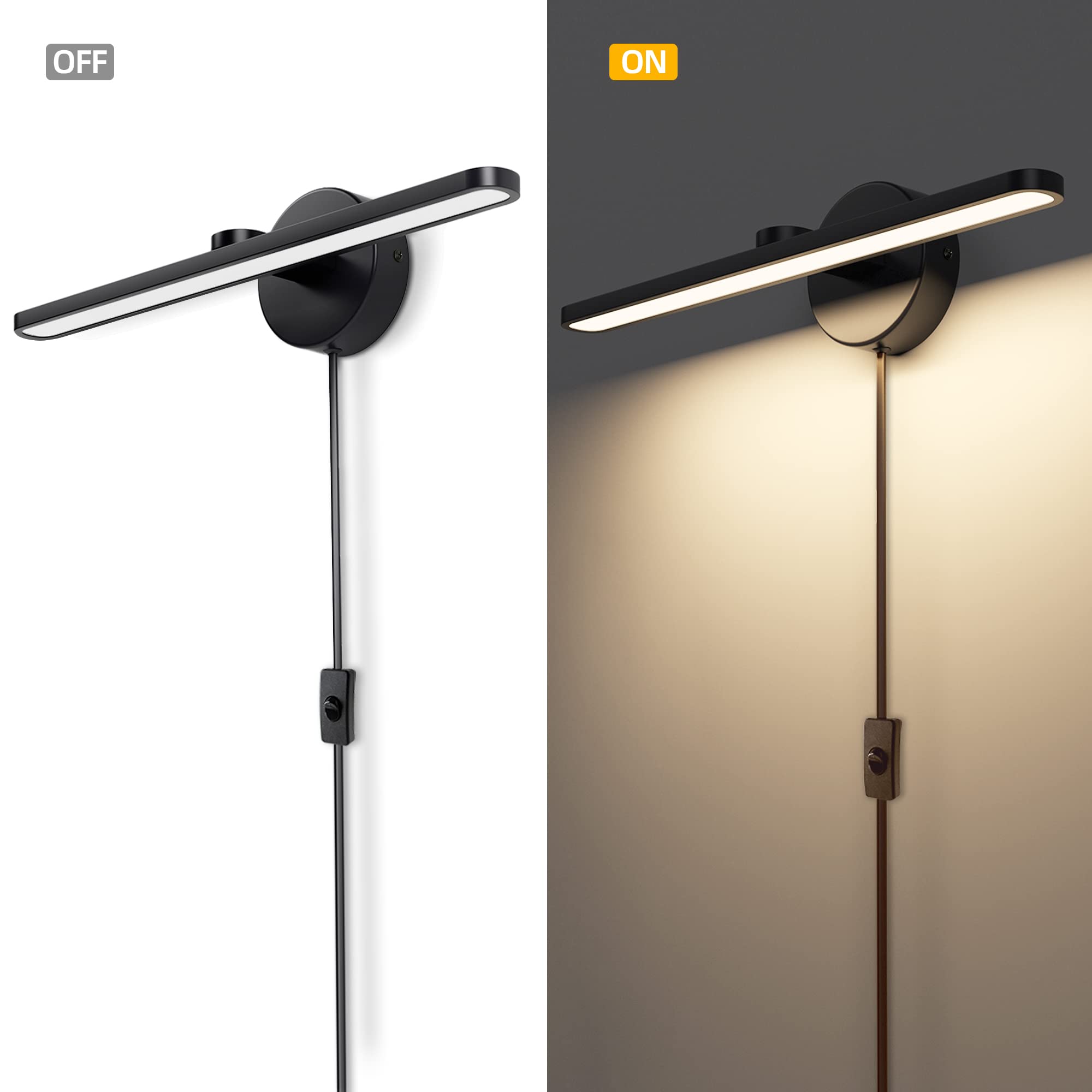 Mantolite Led Vanity Lighting Fixtures, 15.75 Inch Wall Mounted Plug In Light Fixtures, Bathroom Over Mirror Lamp Modern Home Wall Picture Lamps Sconces, 12W 3000K Black Make-Up Mirror Front Lamps