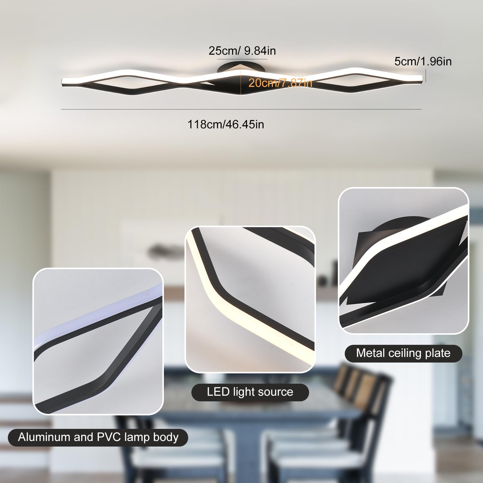 Qcyuui Dimmable Led Ceiling Lights 46.4 Kitchen Lighting Fixtures Ceiling Black Flush Mount Ceiling Light With Remote Linear Ceiling Light For Kitchen Bedroom Dining Room Hallway 24W