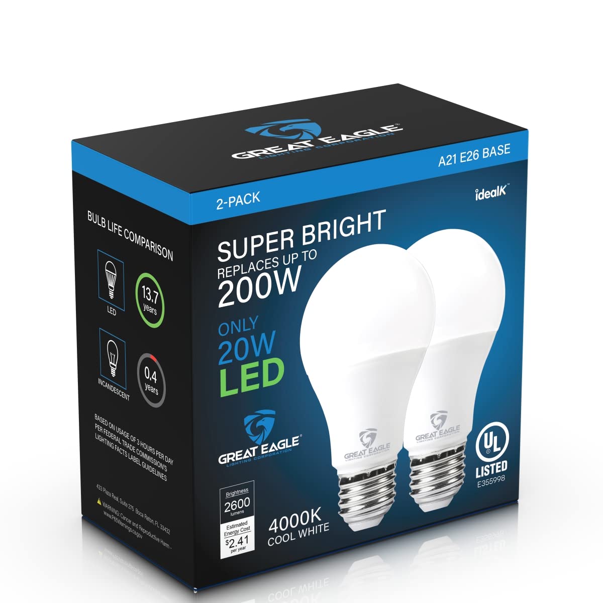 Great Eagle 150W-200W LED Light Bulb, 2600 Lumens, A21 Non-Dimmable, 4000K Cool White, 2-Pack, UL Listed, Plastic