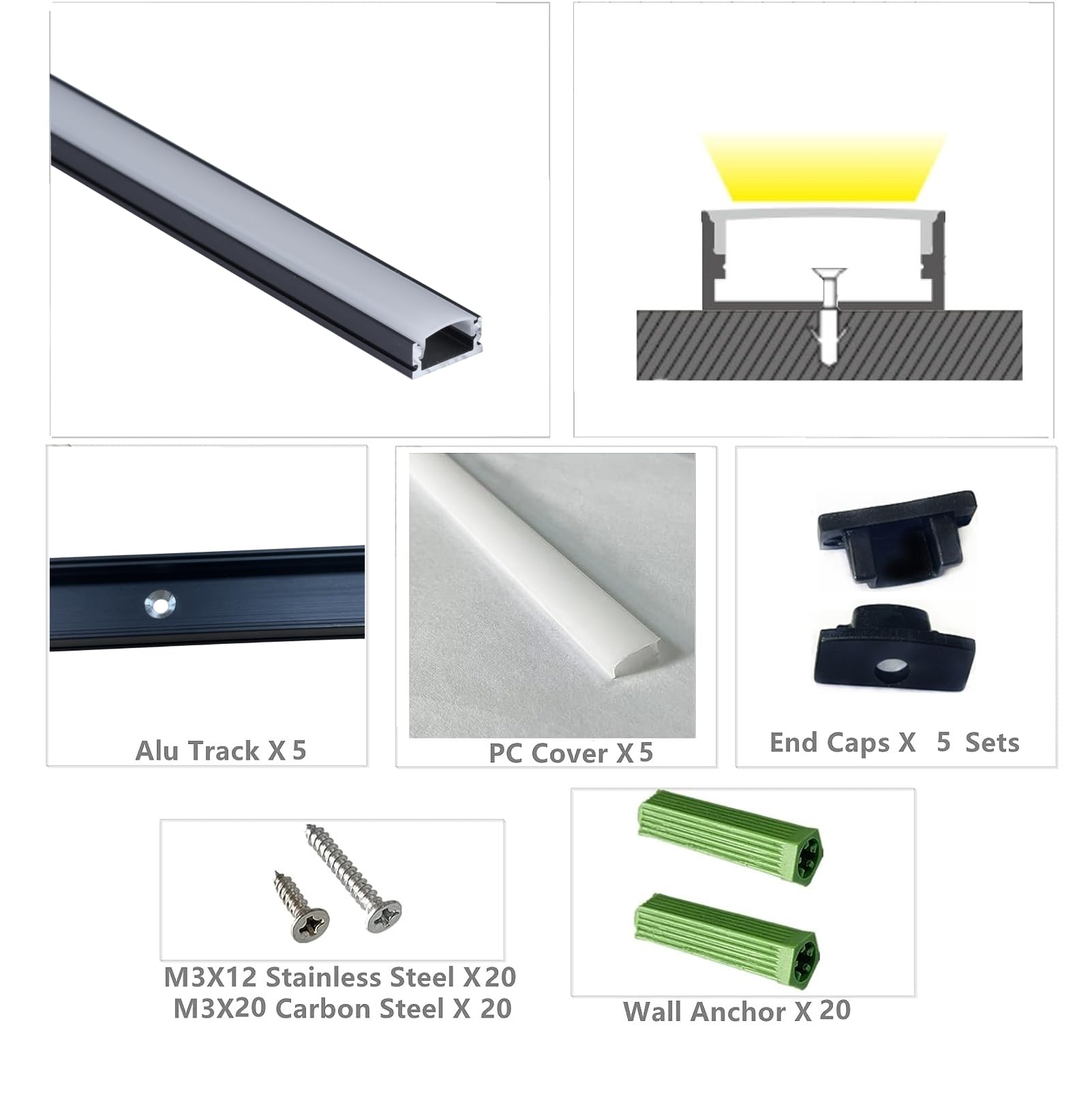 Thmoother 5-Pack 3.28Ft Pre-Drilled Countersunk Hole Led Strip U Channel Diffuser, Matte Black Flush Mounted Under Cabinet Tape Light Aluminum Low Profile With Milky Cover (5, 3.28Ft)