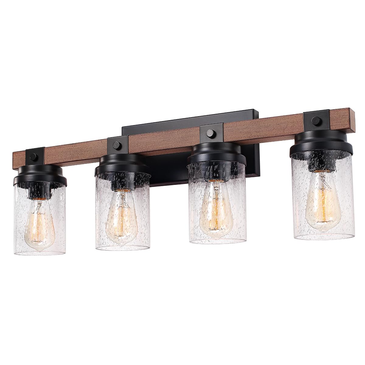 4-Lights Farmhouse Bathroom Vanity Light, Rustic Wood Bathroom Light Fixtures Over Mirror Antique Black Vanity Light With Clear