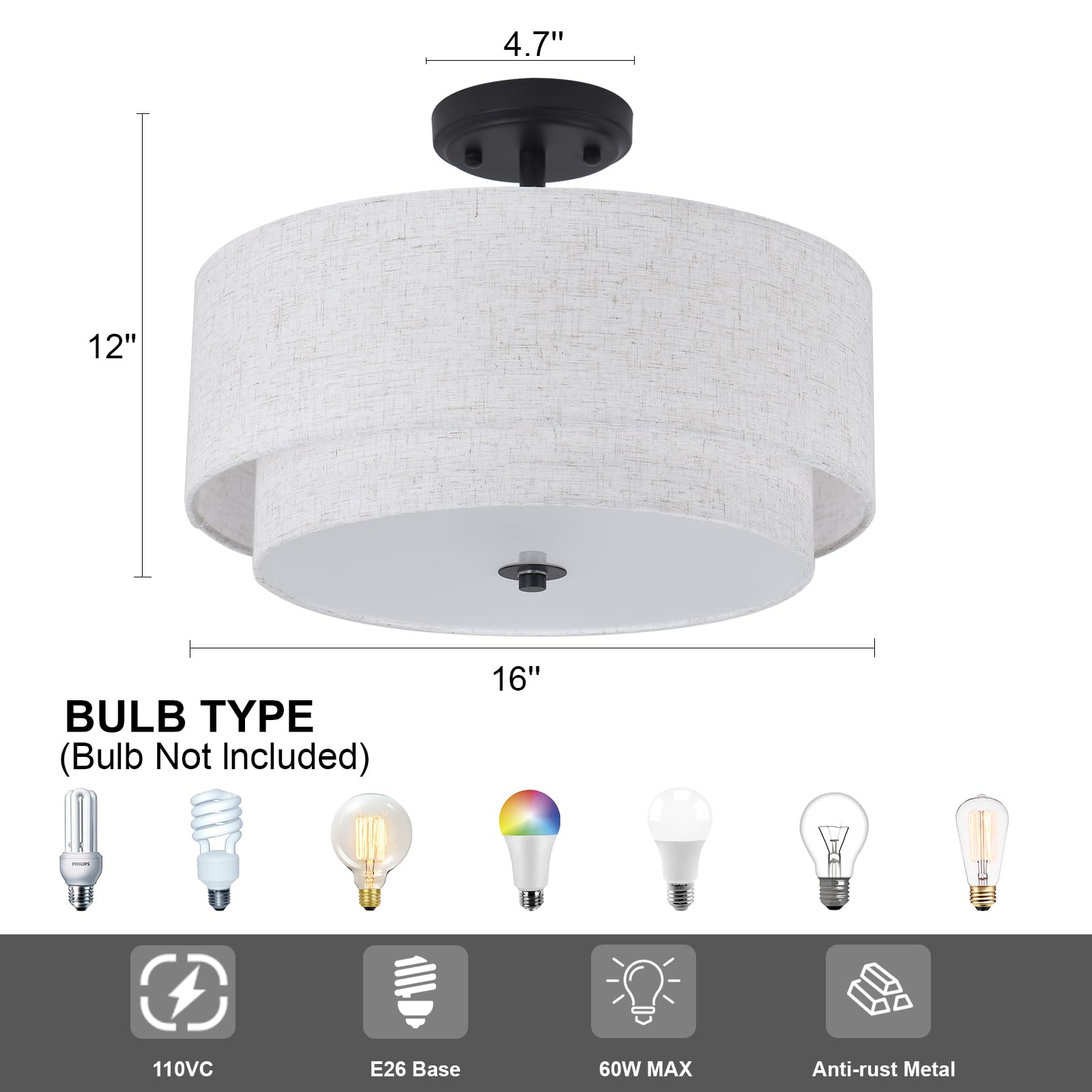 3-Light Semi Flush Mount Ceiling Light Fixture, 16" Black Drum Light Fixture With 2-Laye Fabric Shade Lamps, Modern Close To Ceiling Light For Bedroom Living Dining Room Kitchen Hallway Entryway