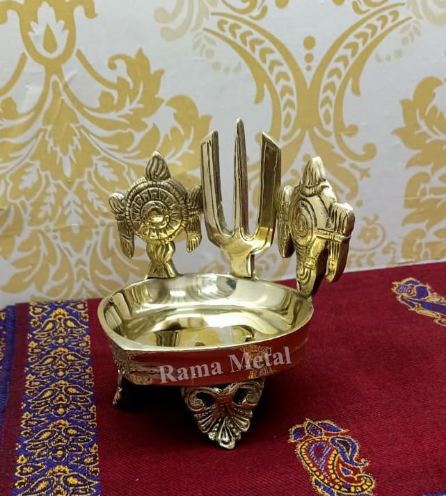 RAMA METAL Shankh Chakra Namah Design Brass Diya Over Carved Legs, Deepam Oil for Pooja, Shankha Gada Padma, Padmanabha Swami, S