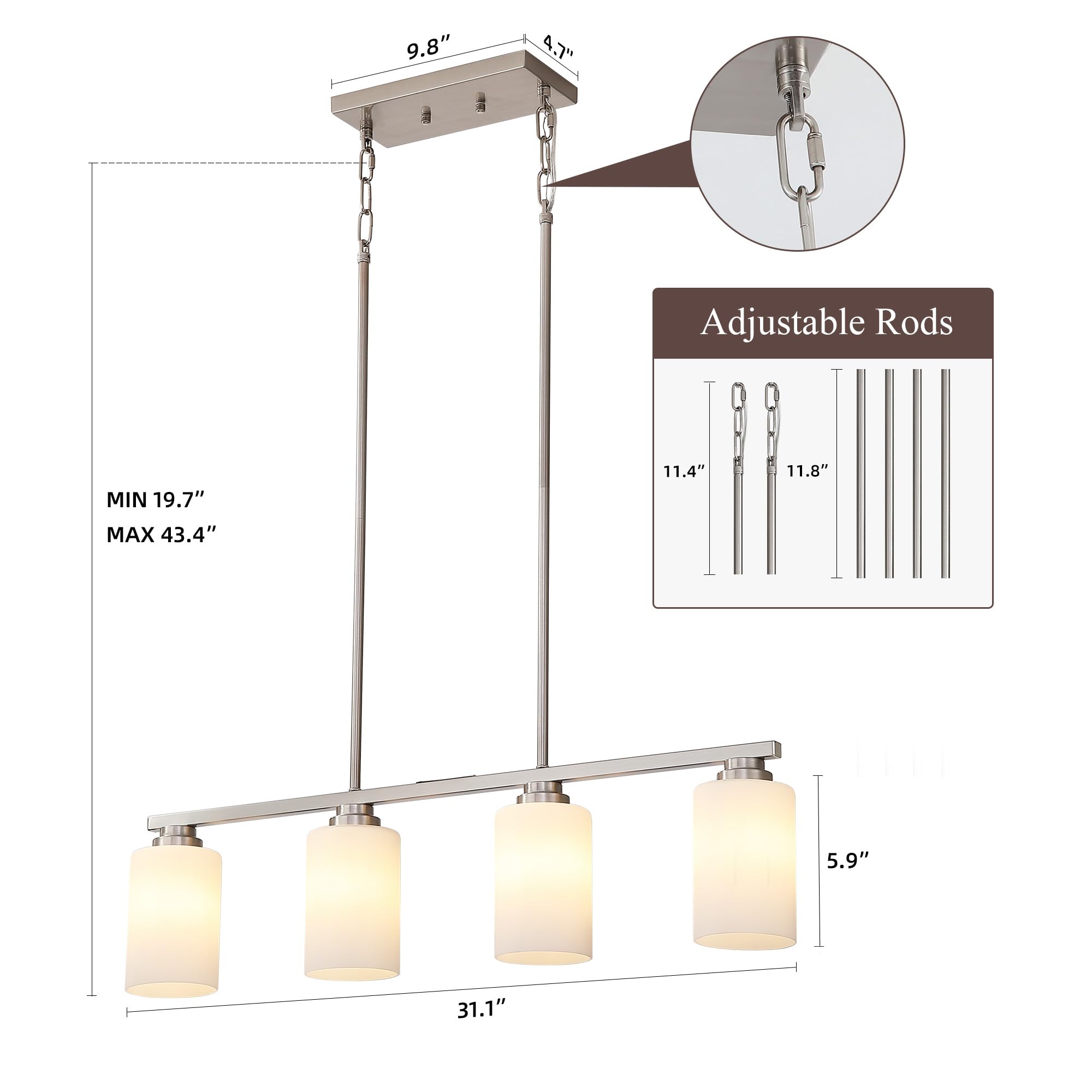 Mecgirn 4-Light Brushed Nickel Chandelier with Milk Glass Shade - Linear Pendant Lighting for Kitchen Island & Dining Room
