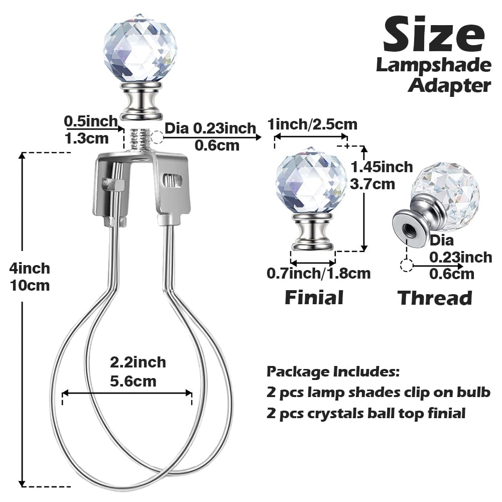 Asjeumt 2Pcs Lamp Shade Light Bulb Clip Adapter Kit, Nickel Lampshade Holder Adapter With Crystals Top Finial, No Harp Required, Clip On Bulb, Diy Replacement Repair Table & Floor Light Metal Parts