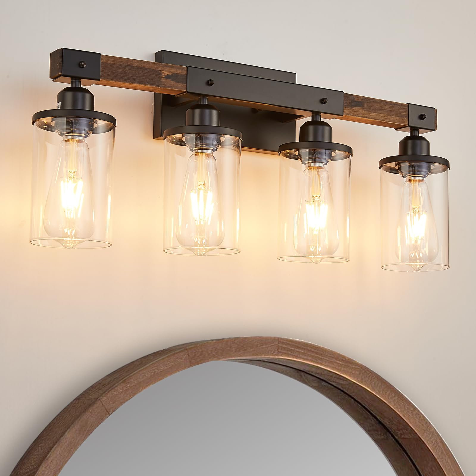 Feohak 3-Light Bathroom Vanity Light Fixture, Rustic Wood & Metal, Vintage Black, Clear Glass Shade, Model 70cd1d05-d28c-423e-8362-4
