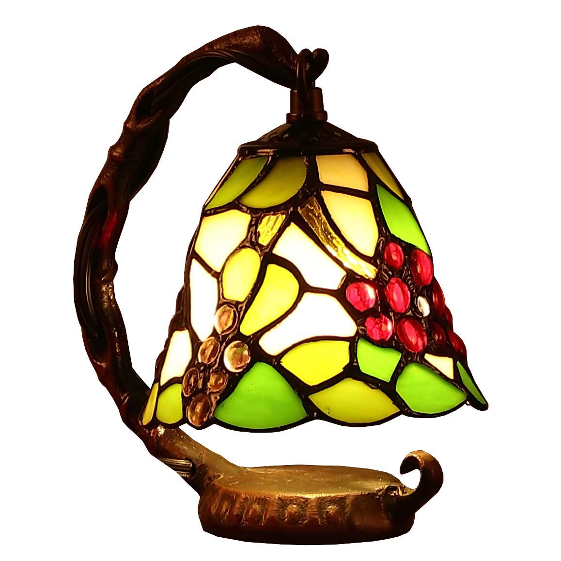 Bieye L10035 Grapes Tiffany Style Stained Glass Table Lamp with 6-inch Wide Lampshade Hanging on The Base (Green)