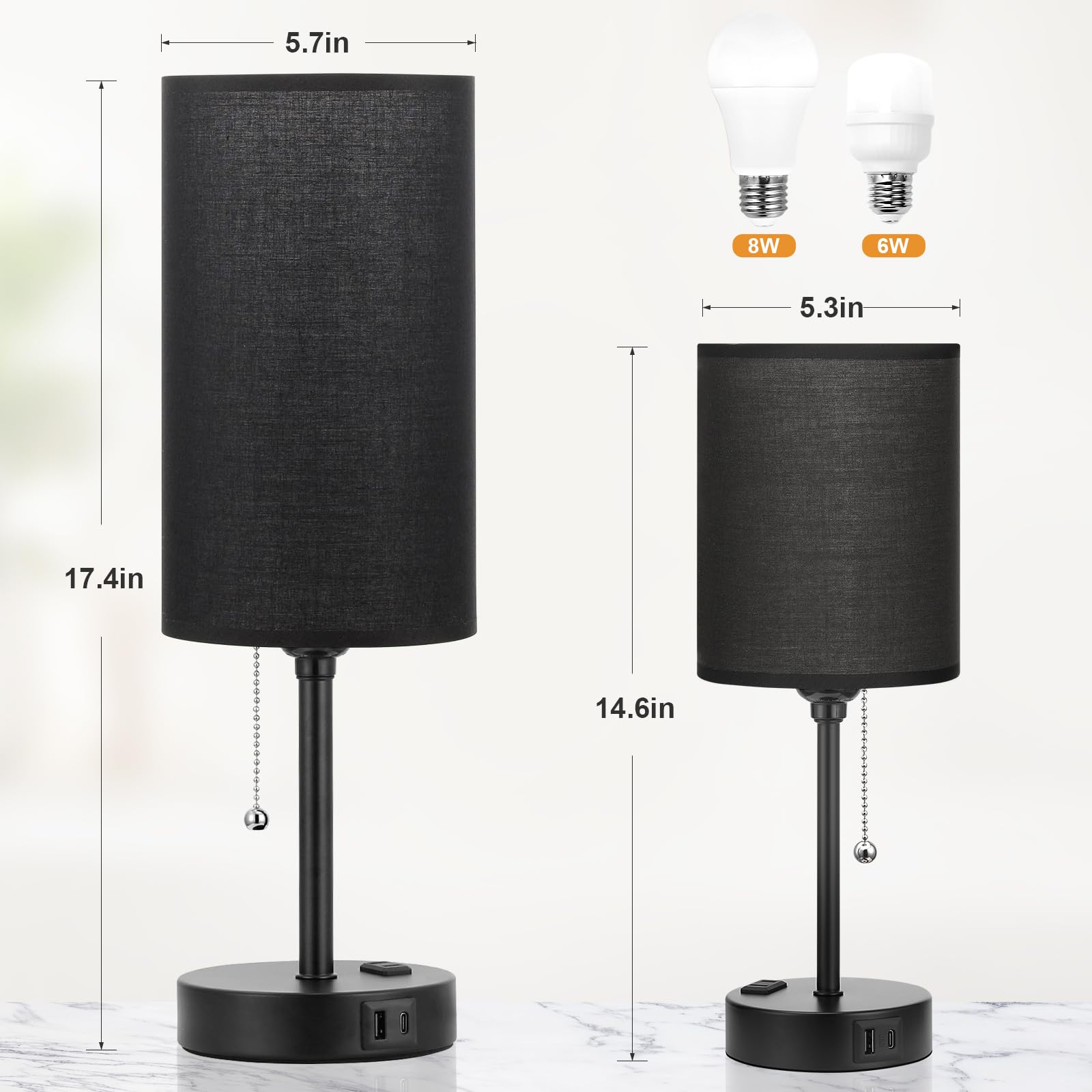 Dicoool 17 Black Bedroom Lamp with USB Ports & 3 Color Temperatures - Stylish Nightstand Light for Living Room & Bedside Use