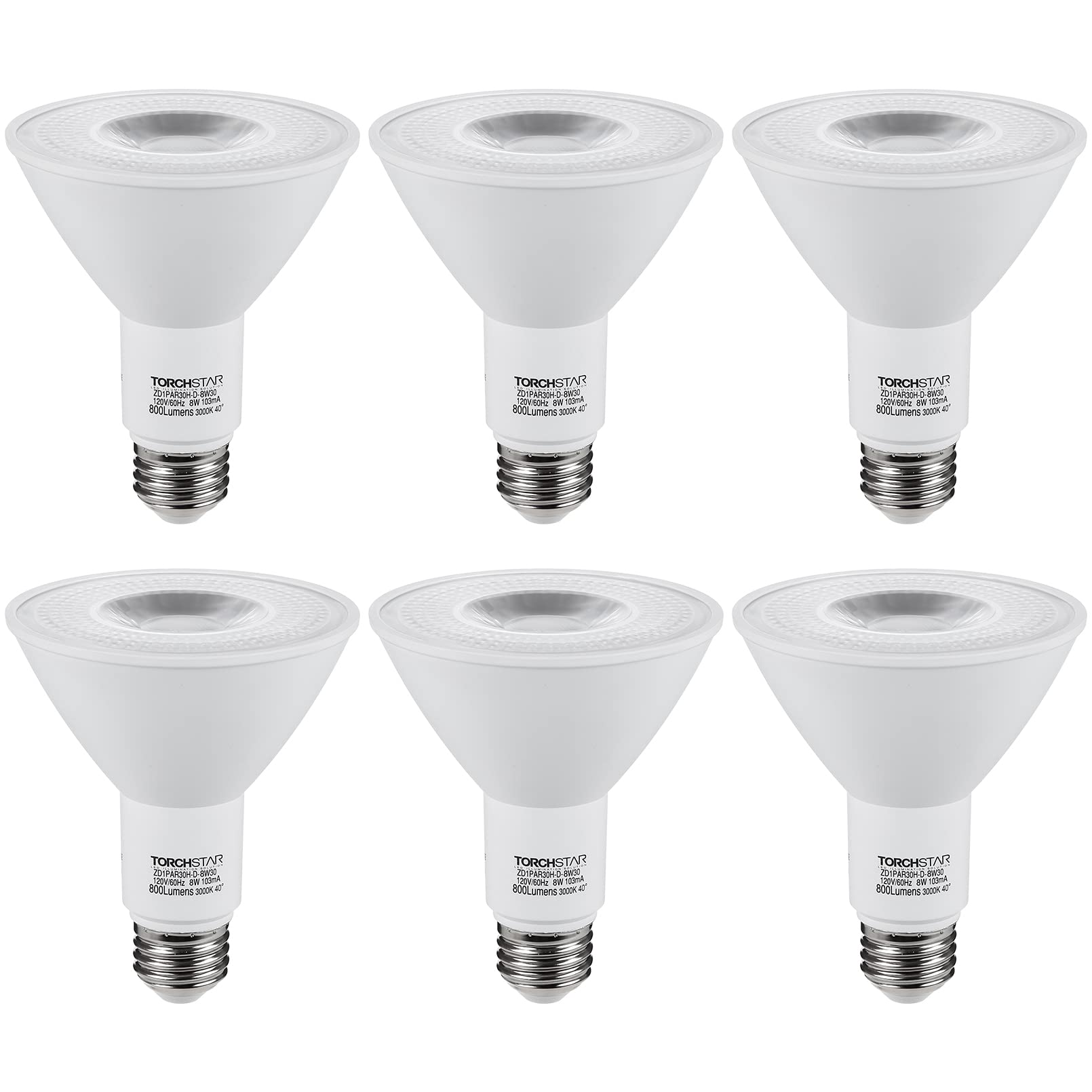 TORCHSTAR PAR30 Long Neck LED Bulb, Dimmable, 8W=75W, 3000K Warm White, 800LM, Pack of 6