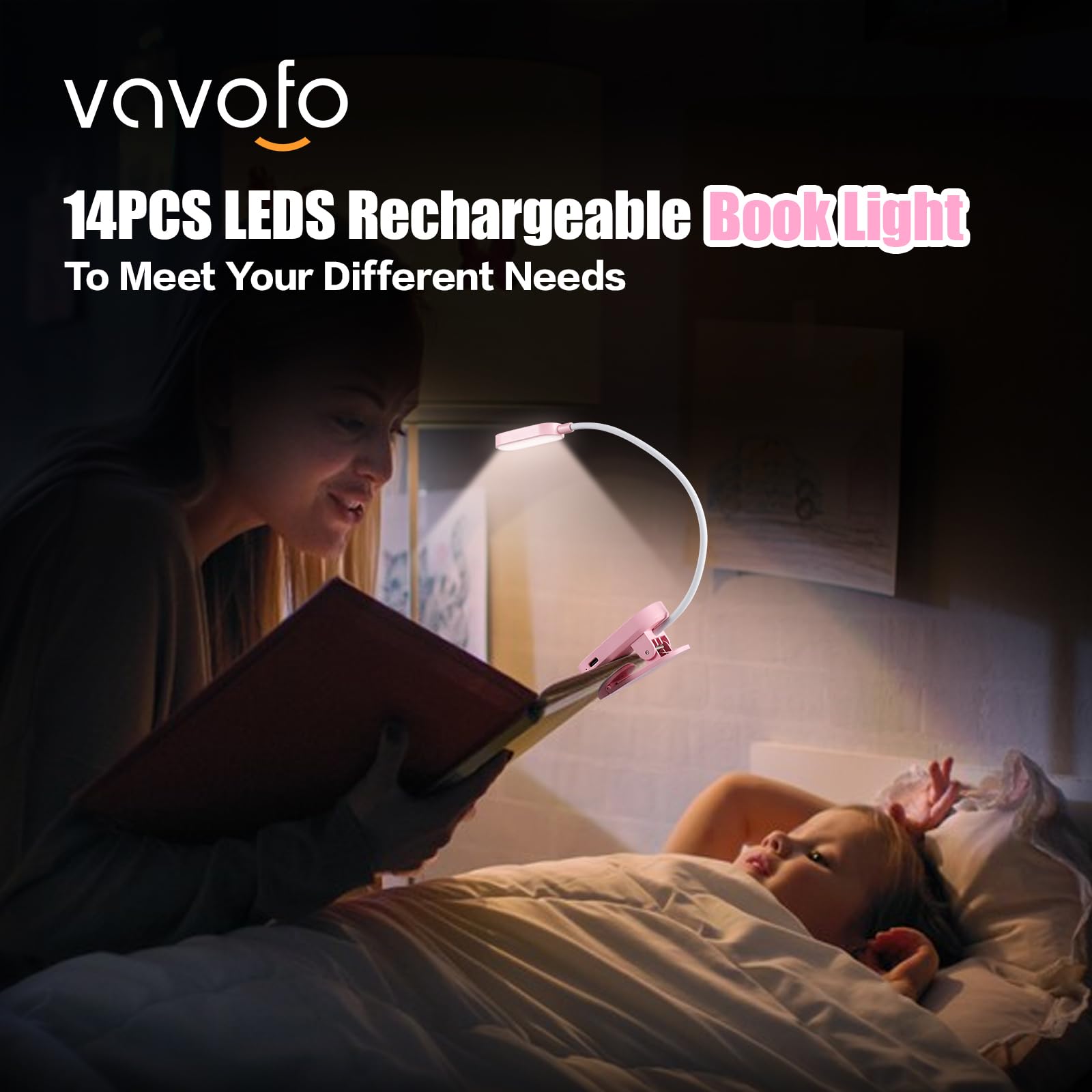 VAVOFO Rechargeable Book Light, 14 LEDs, Clip On, Amber Reading Light, Model KM-6775, Pink