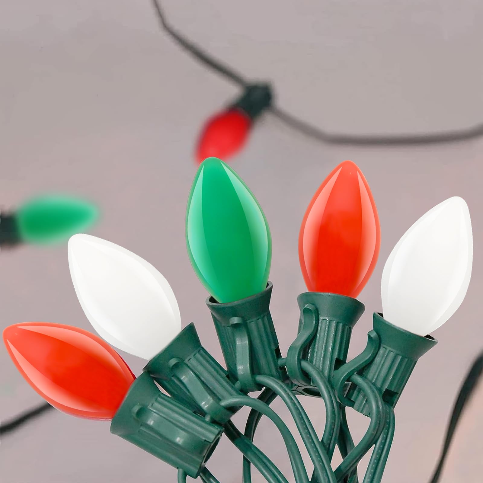 C7 LED Christmas Lights Outdoor, 25ft Vintage Christmas String Lights with 27 Red Green White LED Bulbs(2 Spare), Classic Christ