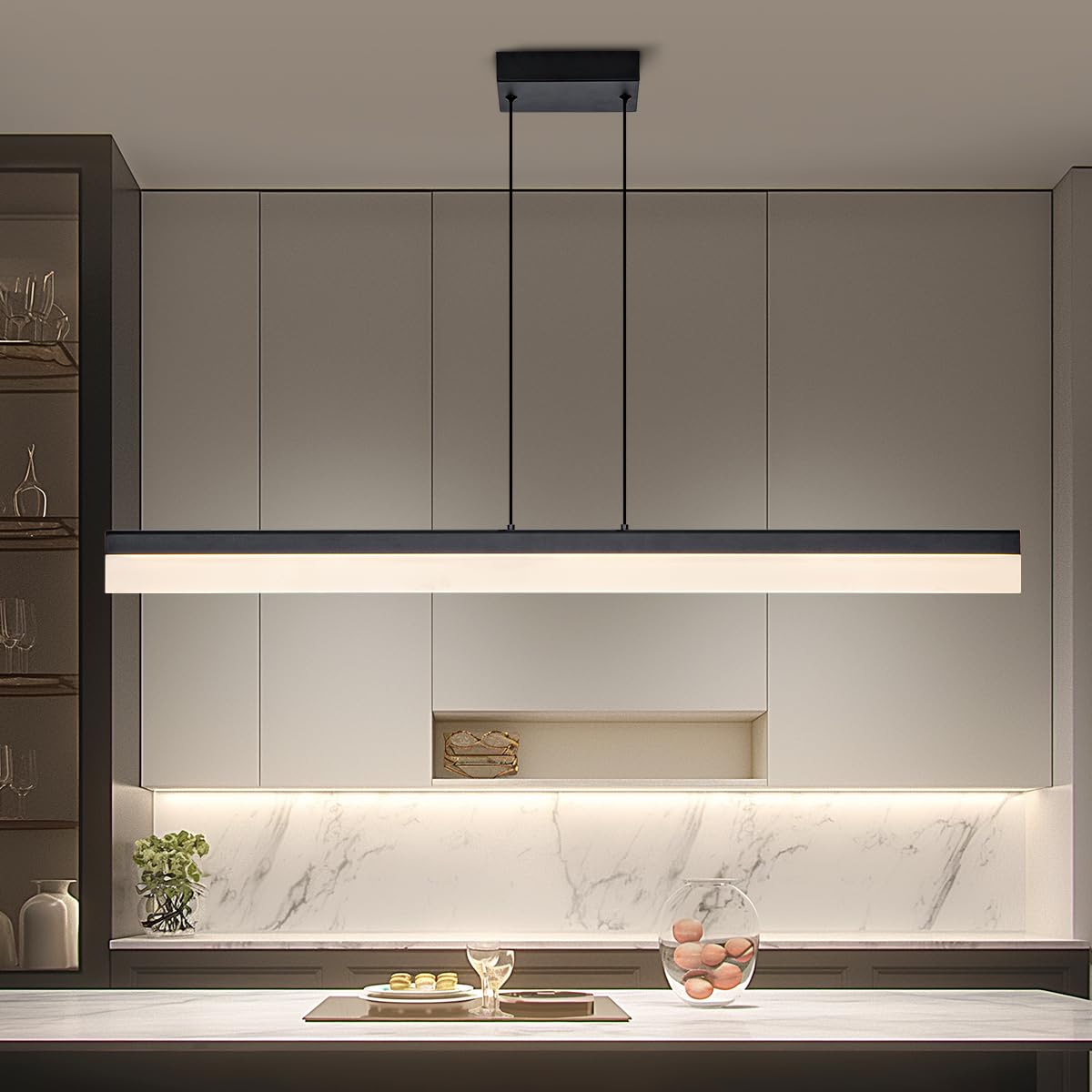 MASIVEL Black Wood LED Kitchen Island Lighting, 39 Inch LED Linear Pendant Light, Dimmable Ceiling Hanging Chandeliers for Dinin