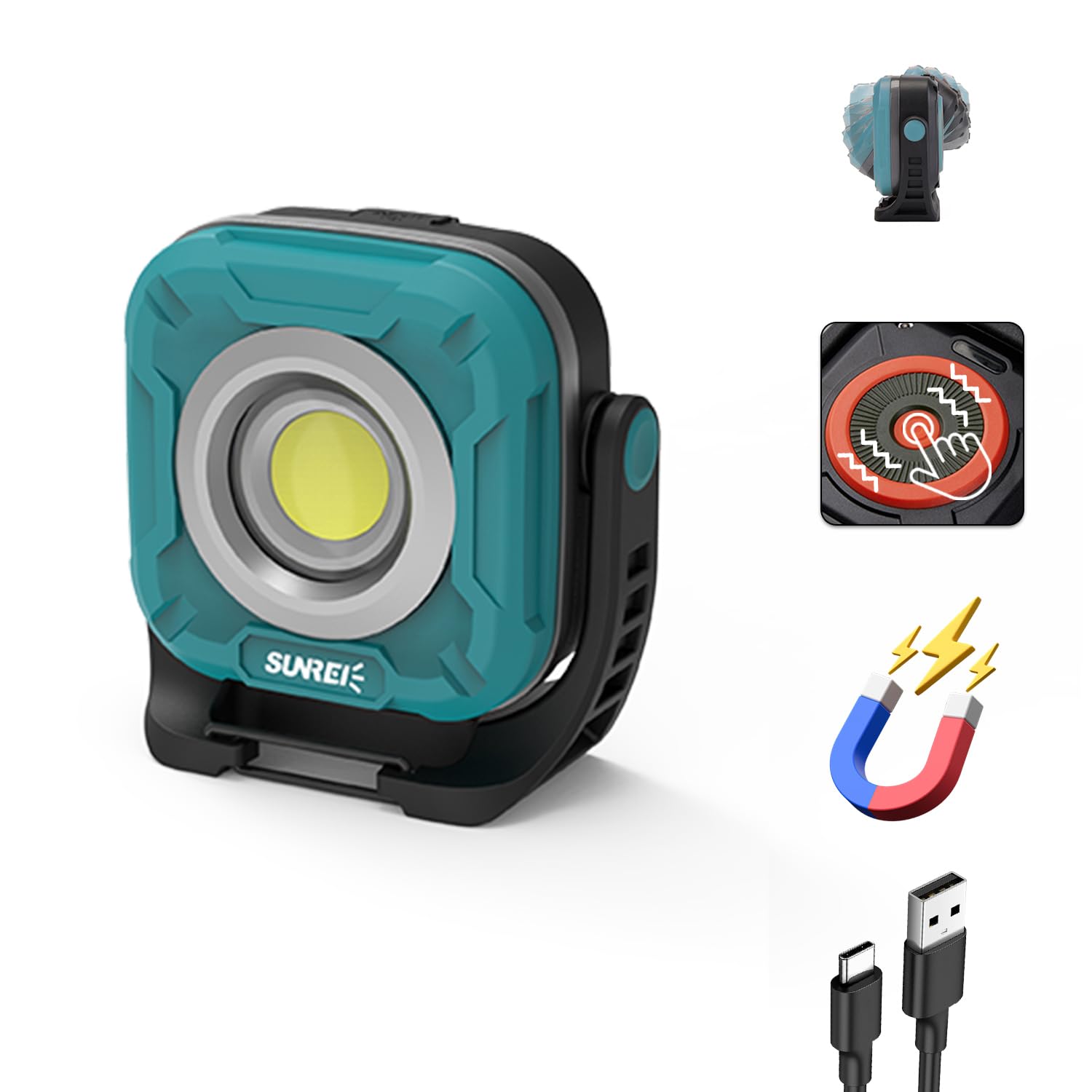 SUNREI LED Magnetic Work Light 1300LM, Stepless Dimming, 7800mAh, IPX65, 300° Rotation, Peacock Blue, Model SU-C1200