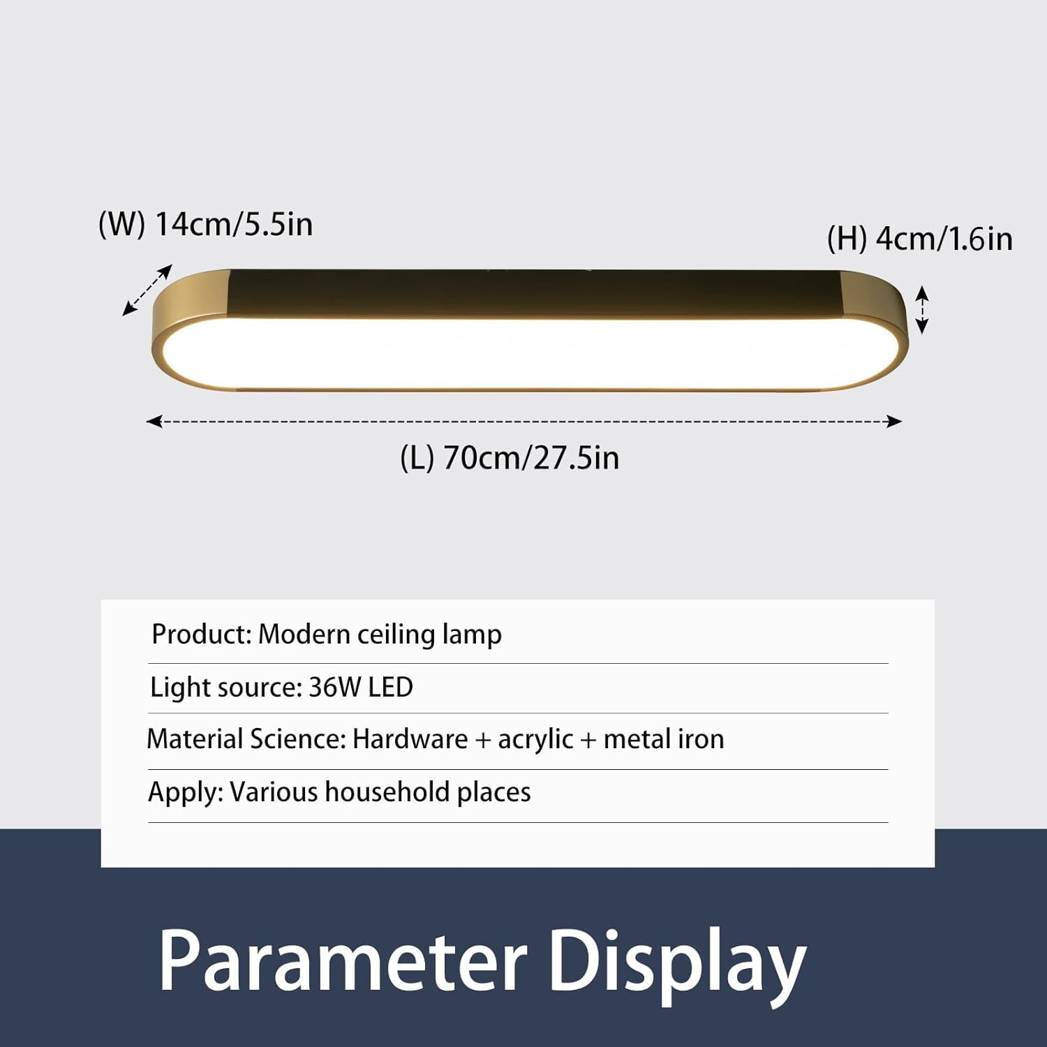 Tioolo Modern Acrylic Linear Ceiling Light, Dimmable LED, 36W, Black+Gold, Remote Control, 27.5in L, Perfect for Kitchen & Living Room
