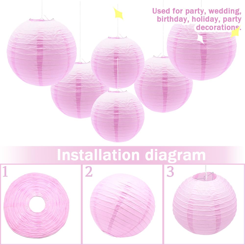 Yosawa 6 Pcs Paper Lanterns, Decorative Round Hanging Lanterns, 8” 10” 12”, Pink, Model ZD-Pink for Party, Wedding, Halloween, Home