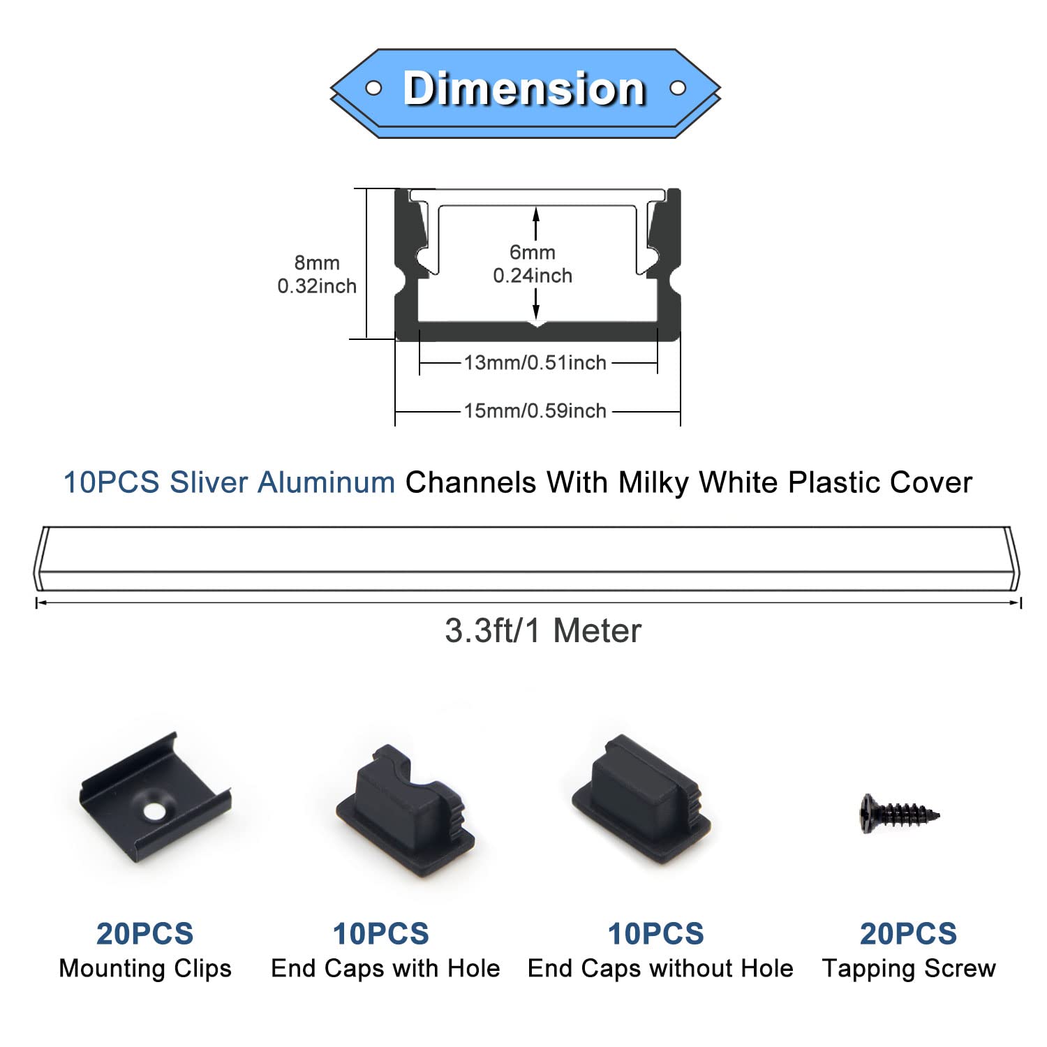 Vst 10 Pack 3.3Ft/1M Led Aluminum Channel U Shape With Smoke Transparent Clear Cover For Strip Lights Installation,Easy To Cut,P