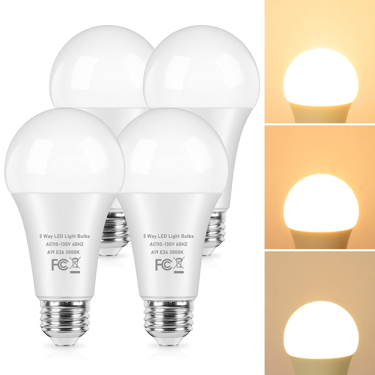 Tobusa 3 Way Light Bulbs 50 100 150 Watt Equivalent Warm White, 4-Pack Three Way A19 Led Light Bulbs 3000K, Standard Led Bulbs E