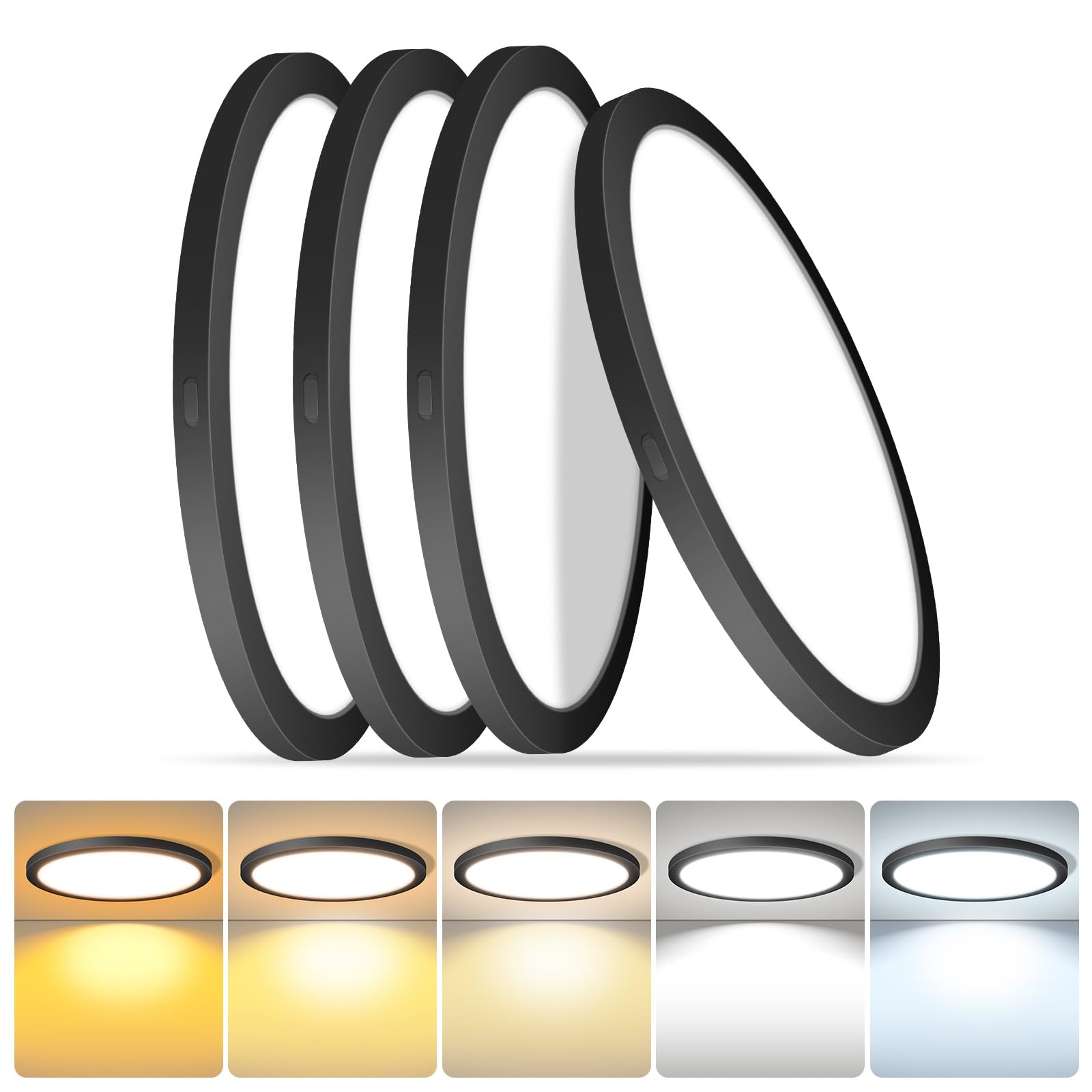 4 Pack Led Flush Mount Ceiling Lights, 9 Inch Round Black Ceiling Light, 20W 120V 5Cct 2700/3000/3500/4000/5000K, Dimmable Slim 